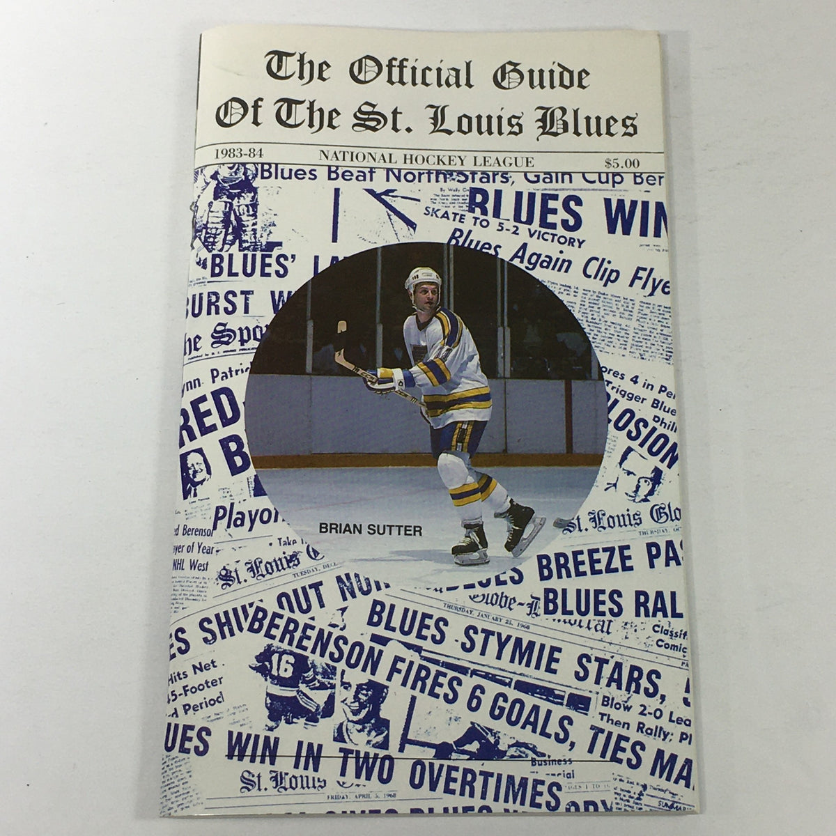 VTG NHL Official Guide 1983-1984 featuring the St. Louis Blues and Brian Sutter on the cover, showcasing hockey-themed graphics and articles.