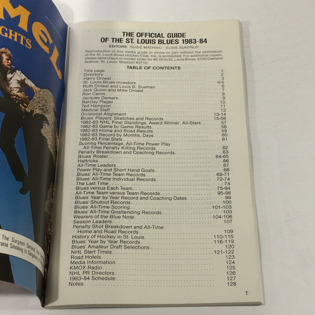The official guide of the St. Louis Blues 1983-84, showcasing the table of contents, including details such as player statistics, team history, and coaching records, relevant to the VTG NHL Official Guide 1983-1984 - St. Louis Blues / Brian Sutter.