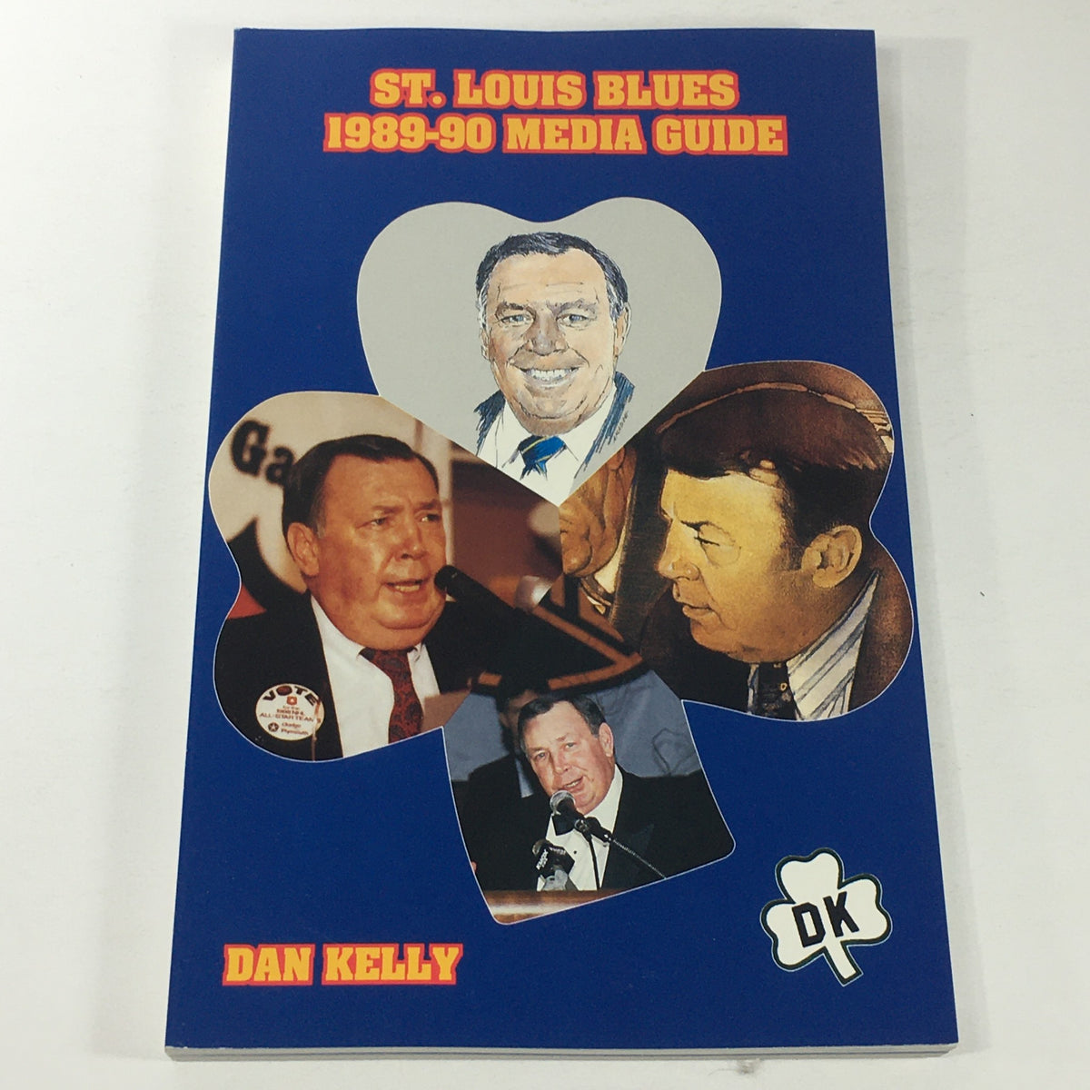 Cover of the VTG NHL Official Media Guide 1989-1990 featuring the St. Louis Blues and Dan Kelly, showcasing a collage of images of Kelly alongside the title.