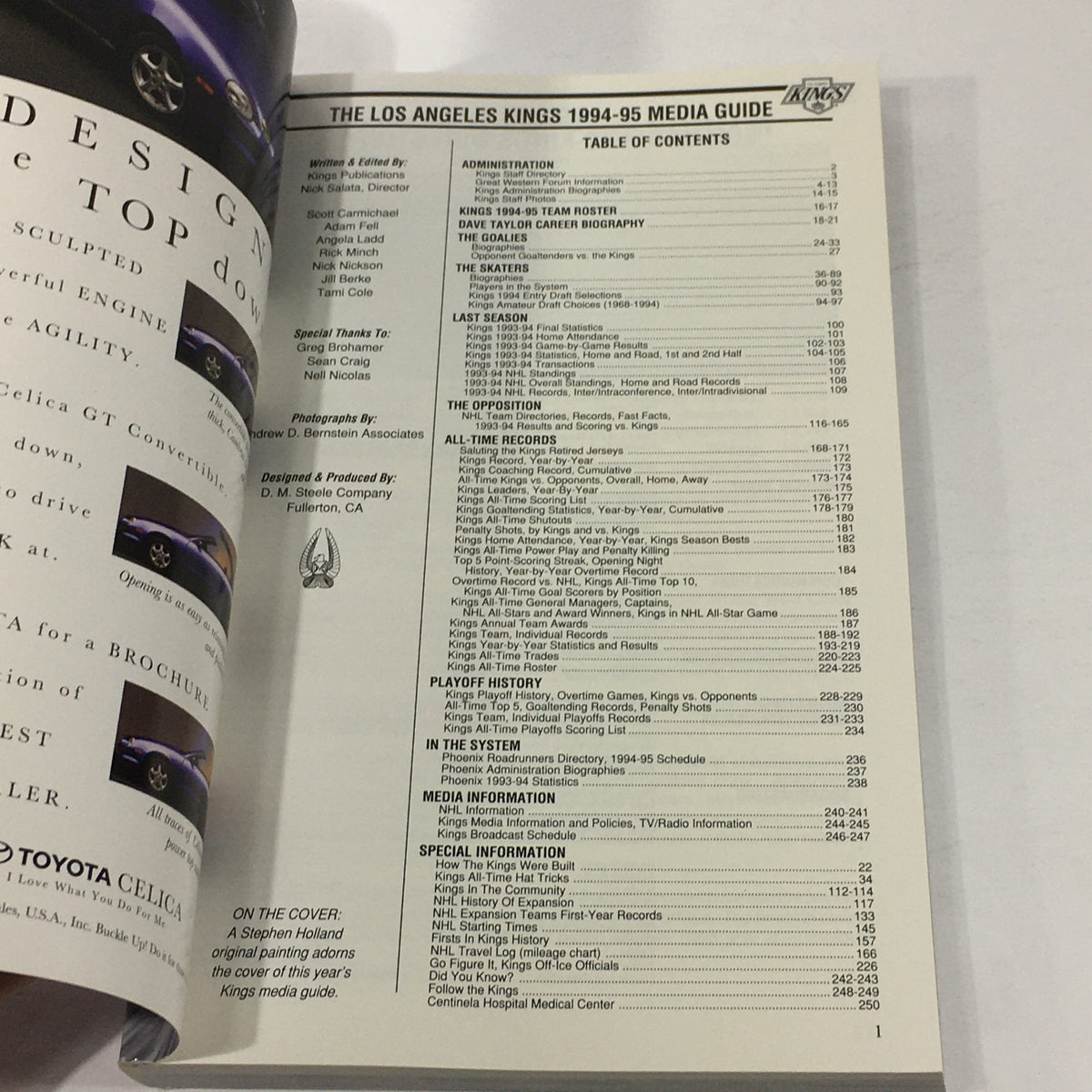 Inside page of the VTG NHL Official Media Guide 1994-1995 - Los Angeles Kings showcasing the table of contents with detailed sections.