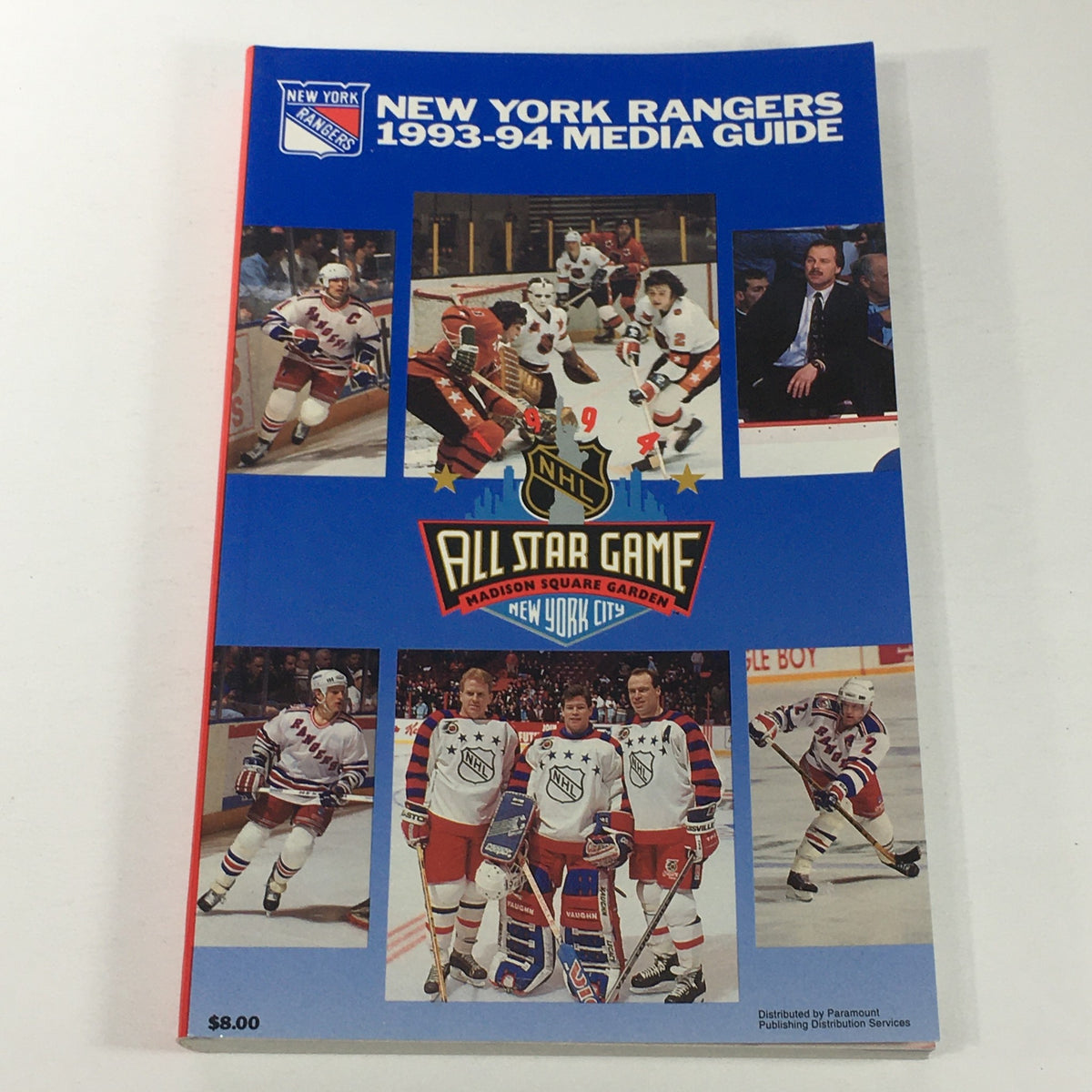 VTG NHL Official Media Guide 1993-1994 featuring the New York Rangers and All Star Game, showcasing images of players and game highlights on the cover.