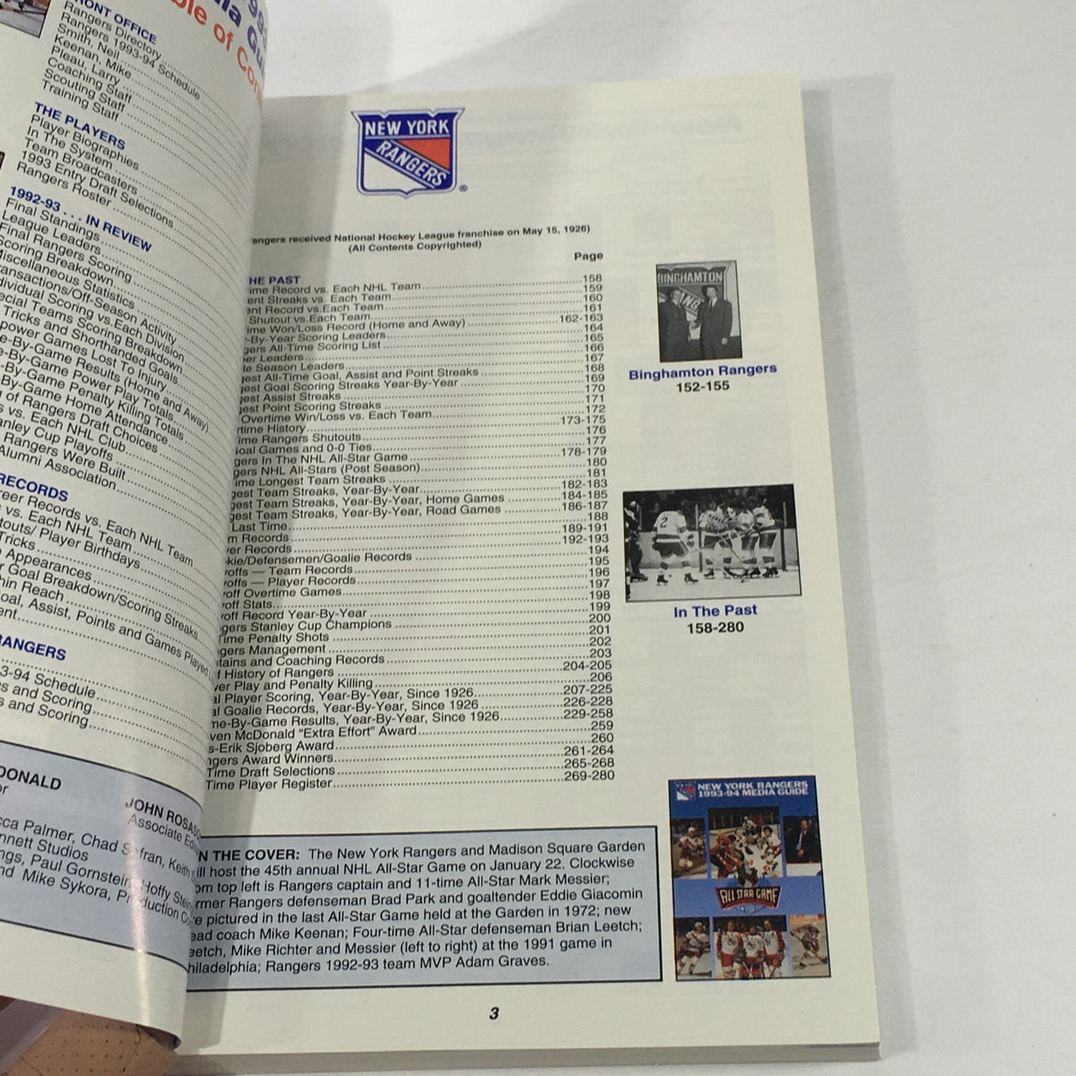 Inside page of the VTG NHL Official Media Guide 1993-1994, detailing the New York Rangers' history, players, and statistics.