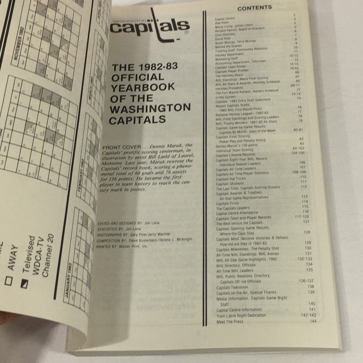 Interior page of the VTG NHL Official Yearbook 1982-1983 featuring the Washington Capitals and Dennis Maruk, showcasing the contents and statistics in a clear layout.