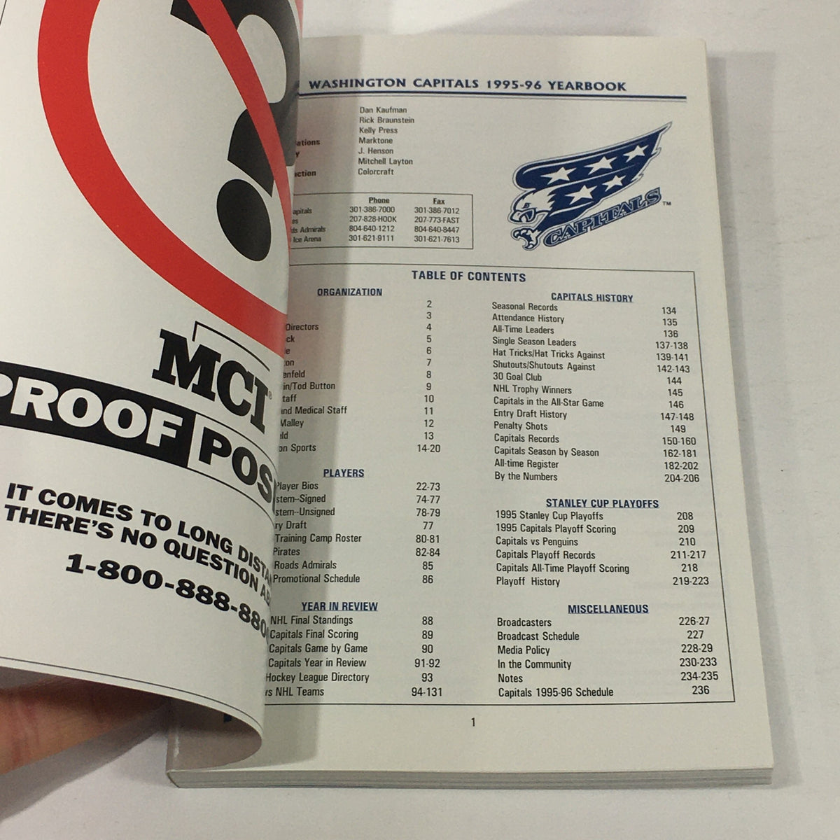Inside page of the VTG NHL Official Yearbook 1995-1996 showing the table of contents for the Washington Capitals, including sections on organization, players, and history.