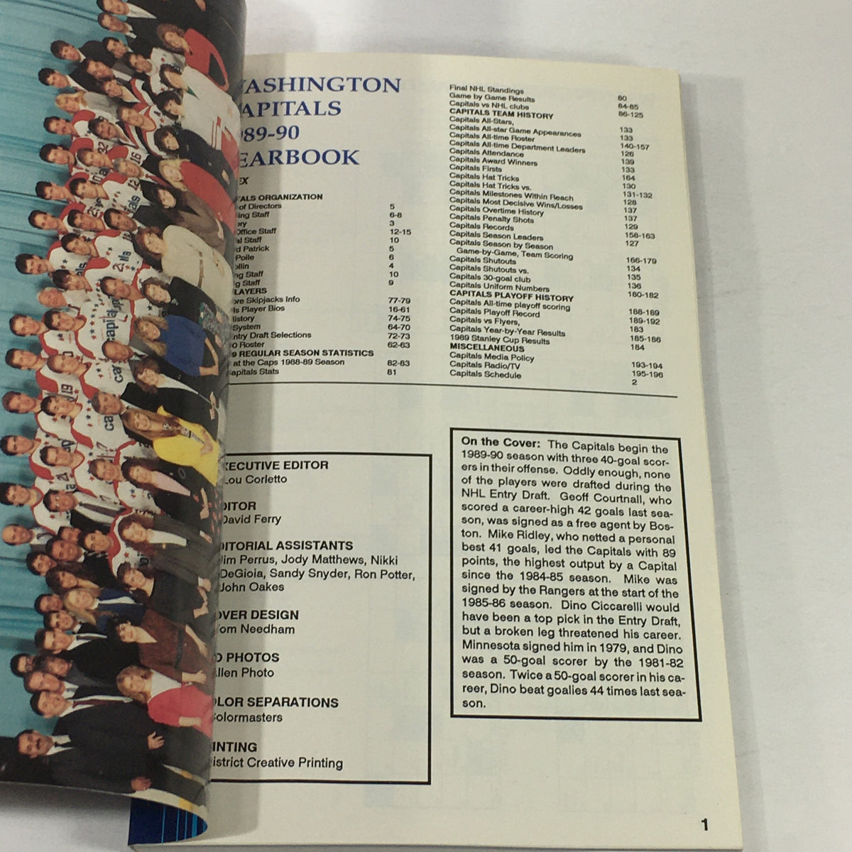 Interior page of the VTG NHL Official Yearbook 1989-1990 detailing the Washington Capitals organization, with player statistics and editorial information.