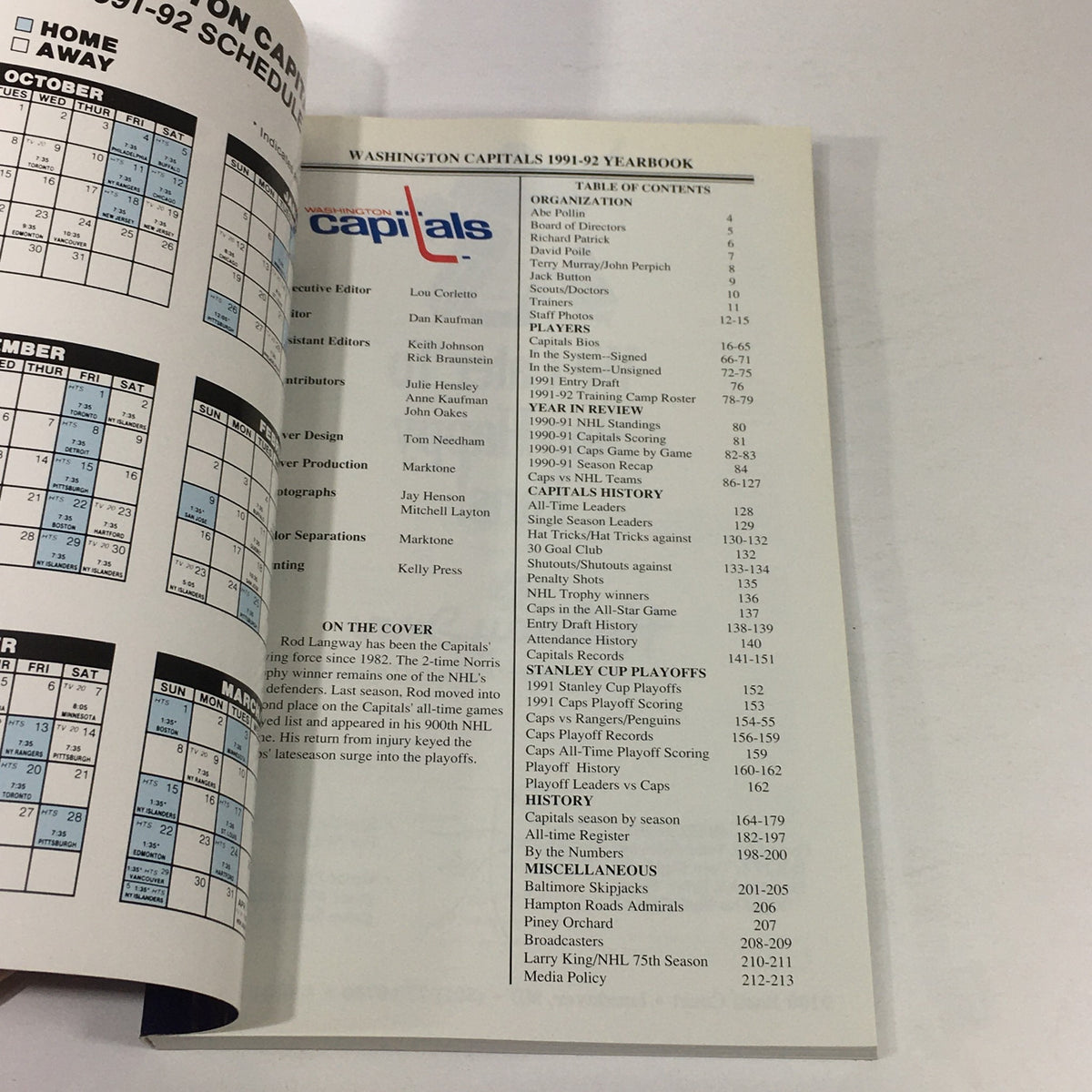 Interior page of the VTG NHL Official Yearbook 1991-1992 - Washington Capitals, displaying the table of contents and schedule for the season.