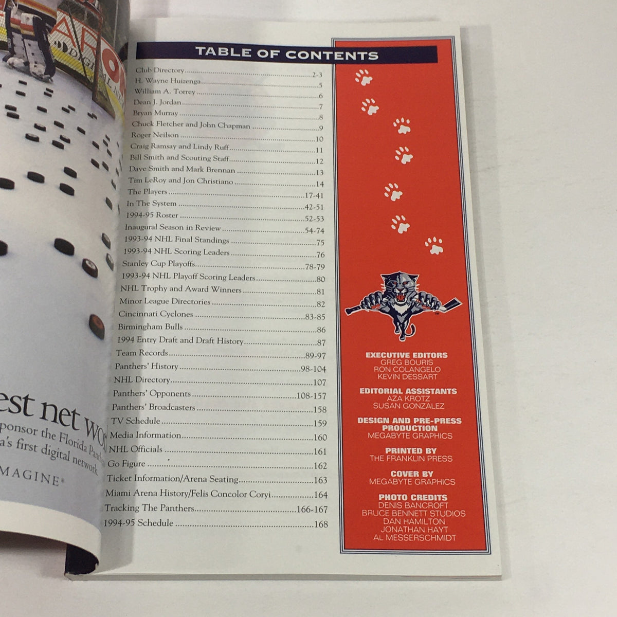 Interior page of the VTG NHL Official Media Guide 1994-1995 for Florida Panthers displaying the table of contents.
