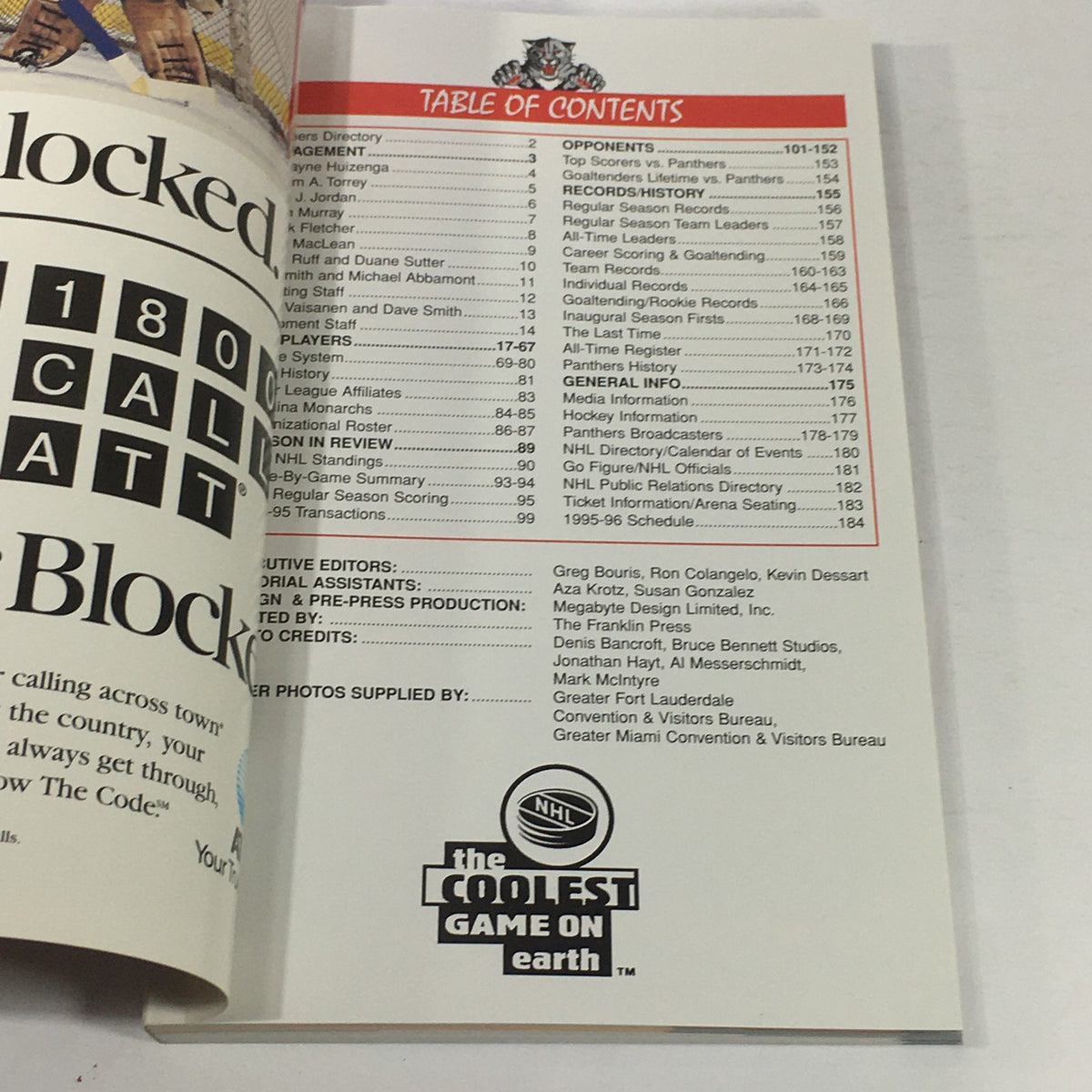 Inside page of the VTG NHL Official Media Guide 1995-1996 - Florida Panthers displaying the table of contents, highlighting key sections related to players, team history, and statistics.
