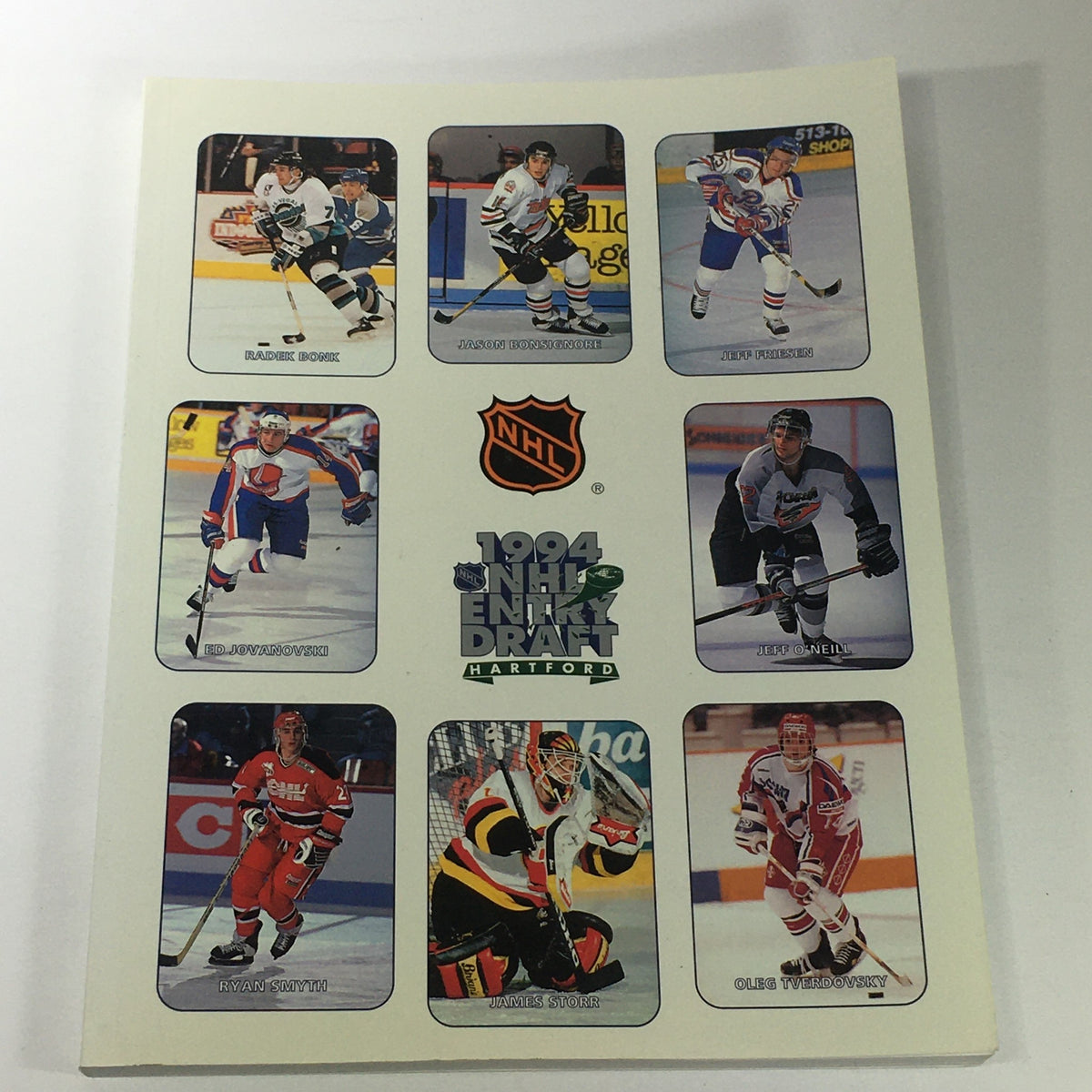 1994 NHL Official Entry Draft guide featuring players Radek Bonk, Jason Bonsignore, Jeff Friesen, Ed Jovanovski, Ryan Smyth, James Storm, and Oleg Tverdovsky from Hartford.