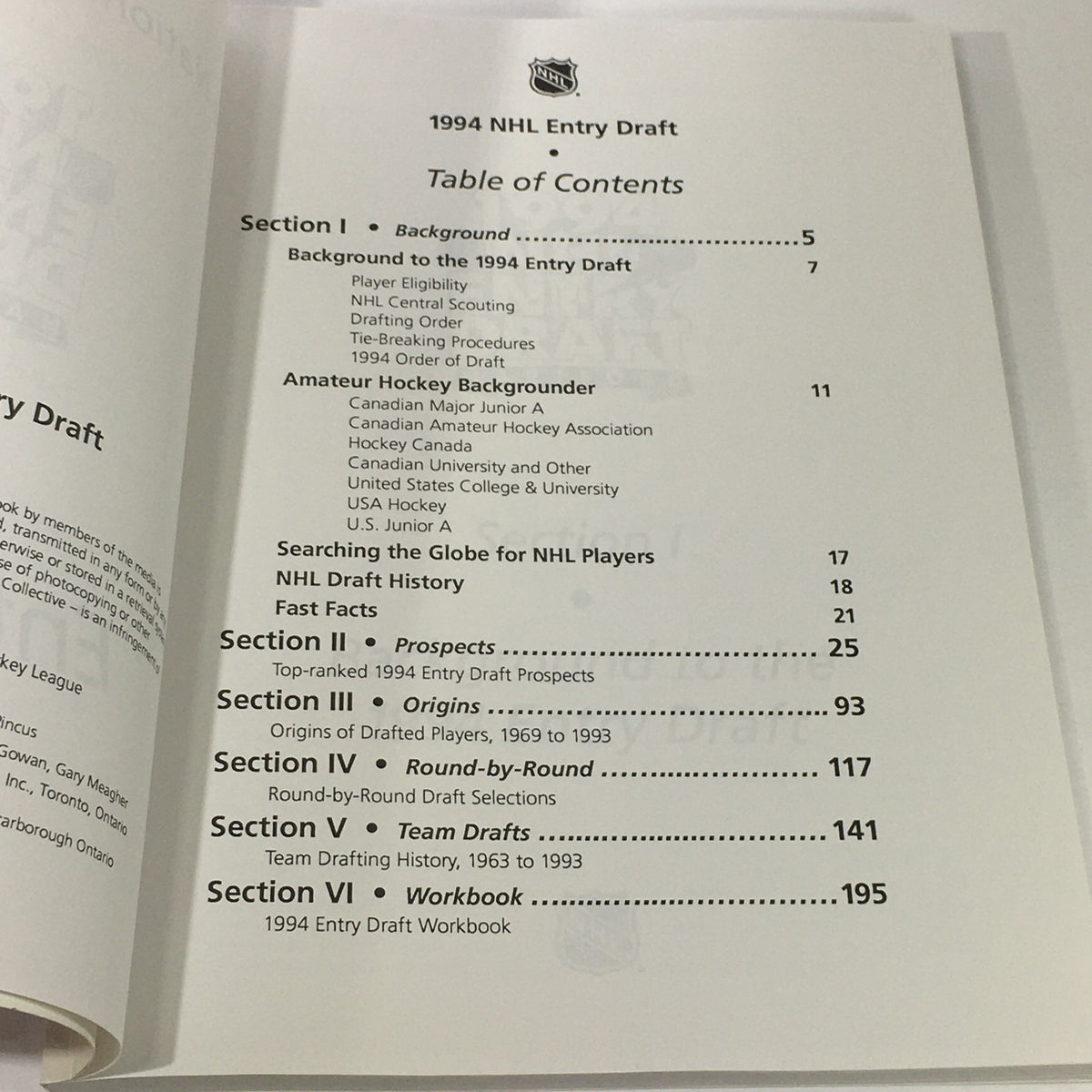 Table of contents from the 1994 NHL Official Entry Draft guide, outlining the structure and sections including background, player prospects, and draft history.