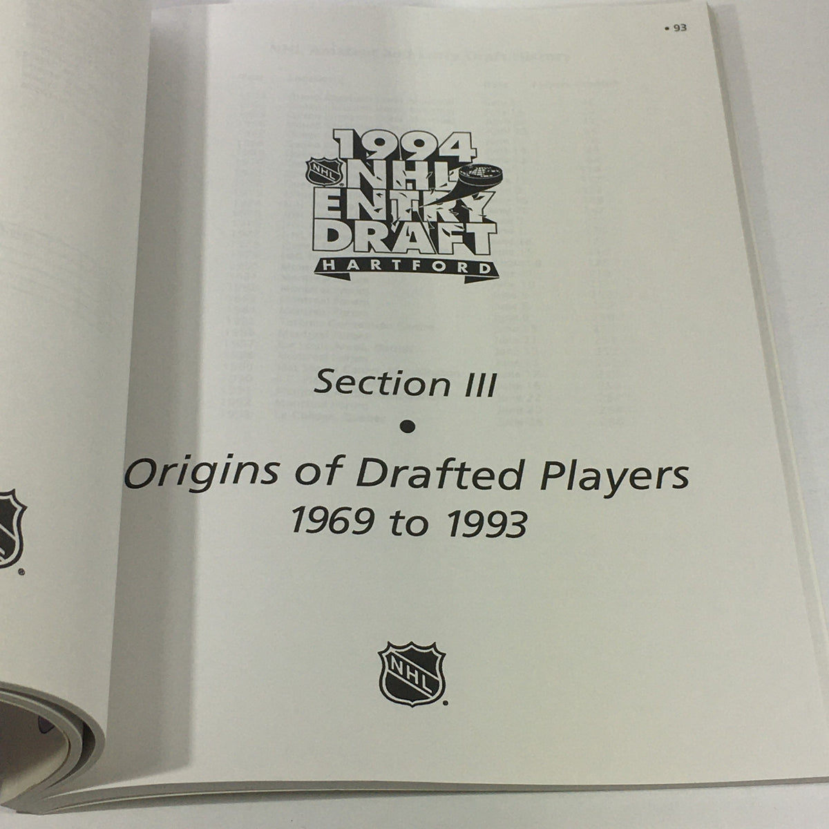 1994 NHL Entry Draft Hartford guide showing Section III, Origins of Drafted Players from 1969 to 1993.