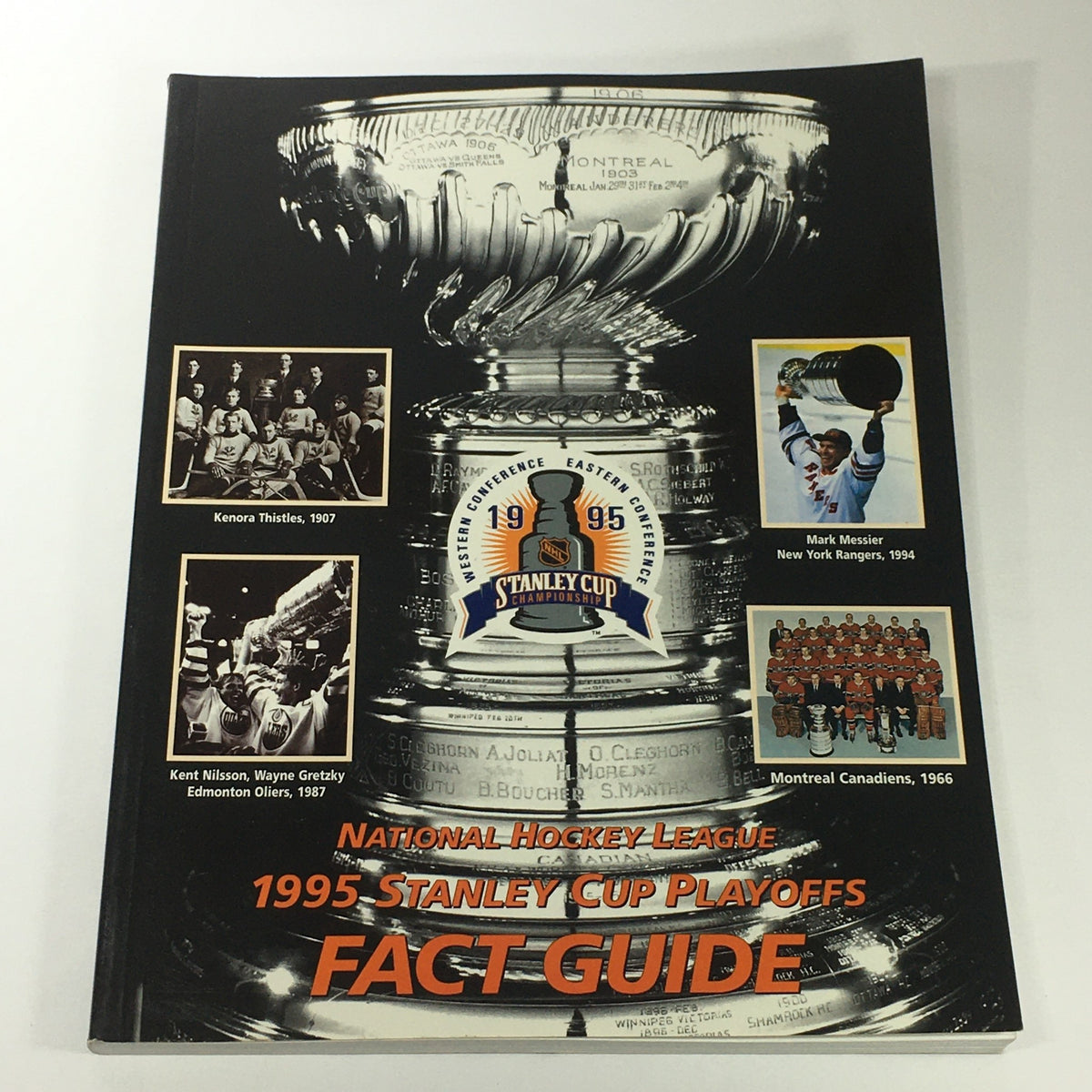 Cover of the VTG NHL Official Fact Guide 1995 Stanley Cup Playoffs featuring the Stanley Cup, historic team photos, and championships details.