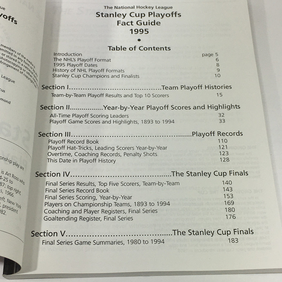 Table of Contents page from the VTG NHL Official Fact Guide 1995 Stanley Cup Playoffs outlining playoff formats, results, and historical records.