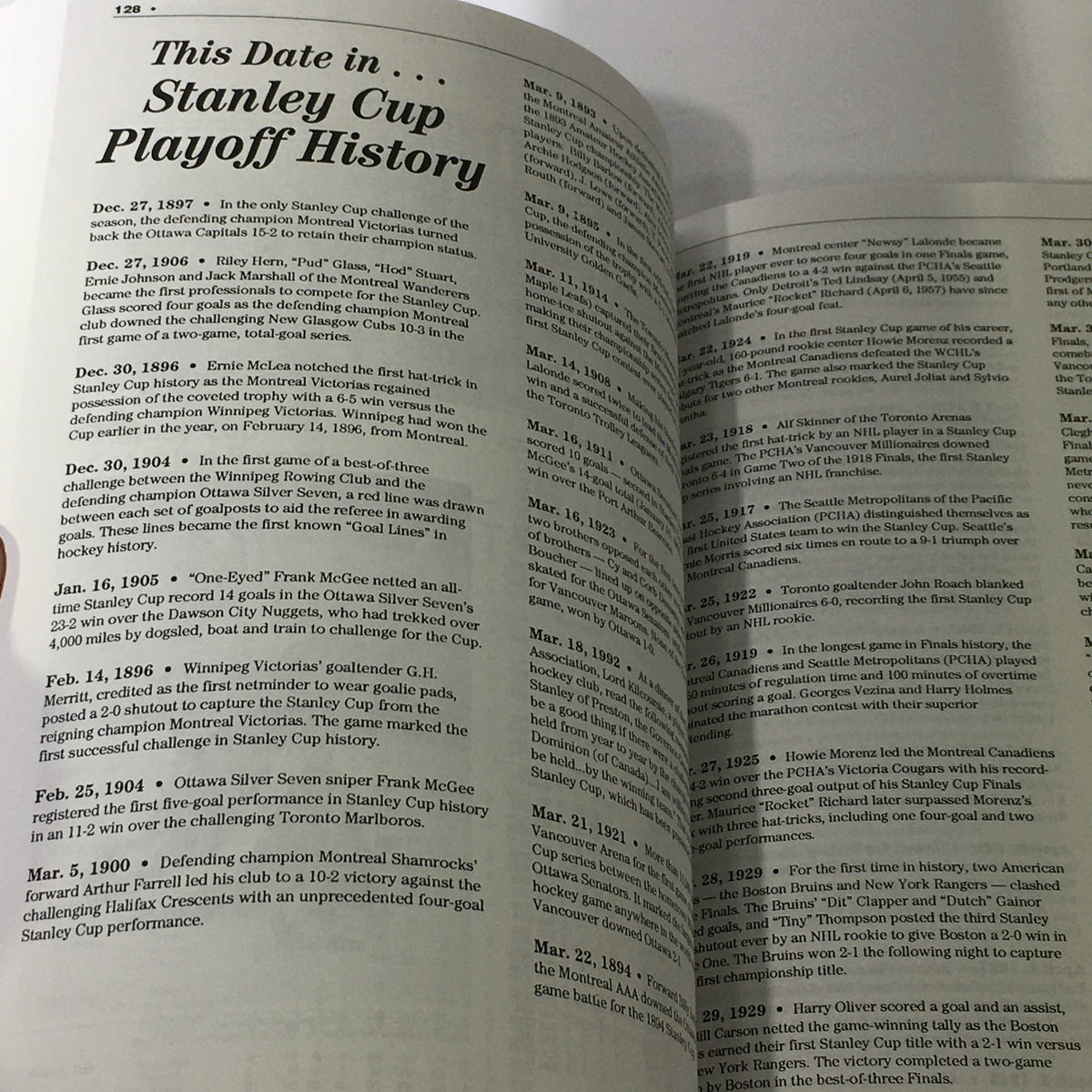 Page highlighting key dates in Stanley Cup playoff history from the VTG NHL Official Fact Guide 1995 Stanley Cup Playoffs.