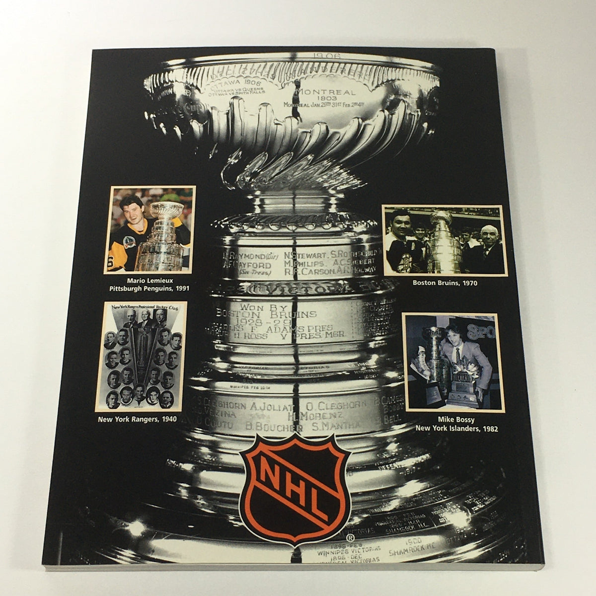 Back cover of the VTG NHL Official Fact Guide 1995 Stanley Cup Playoffs showcasing the Stanley Cup and notable players from past championships.