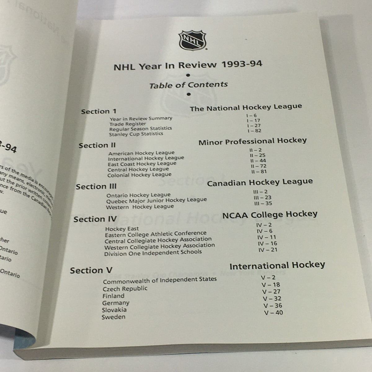 Table of contents from VTG NHL Official Year In Review 1993-1994 detailing sections on Minor Professional Hockey and NCAA College Hockey.