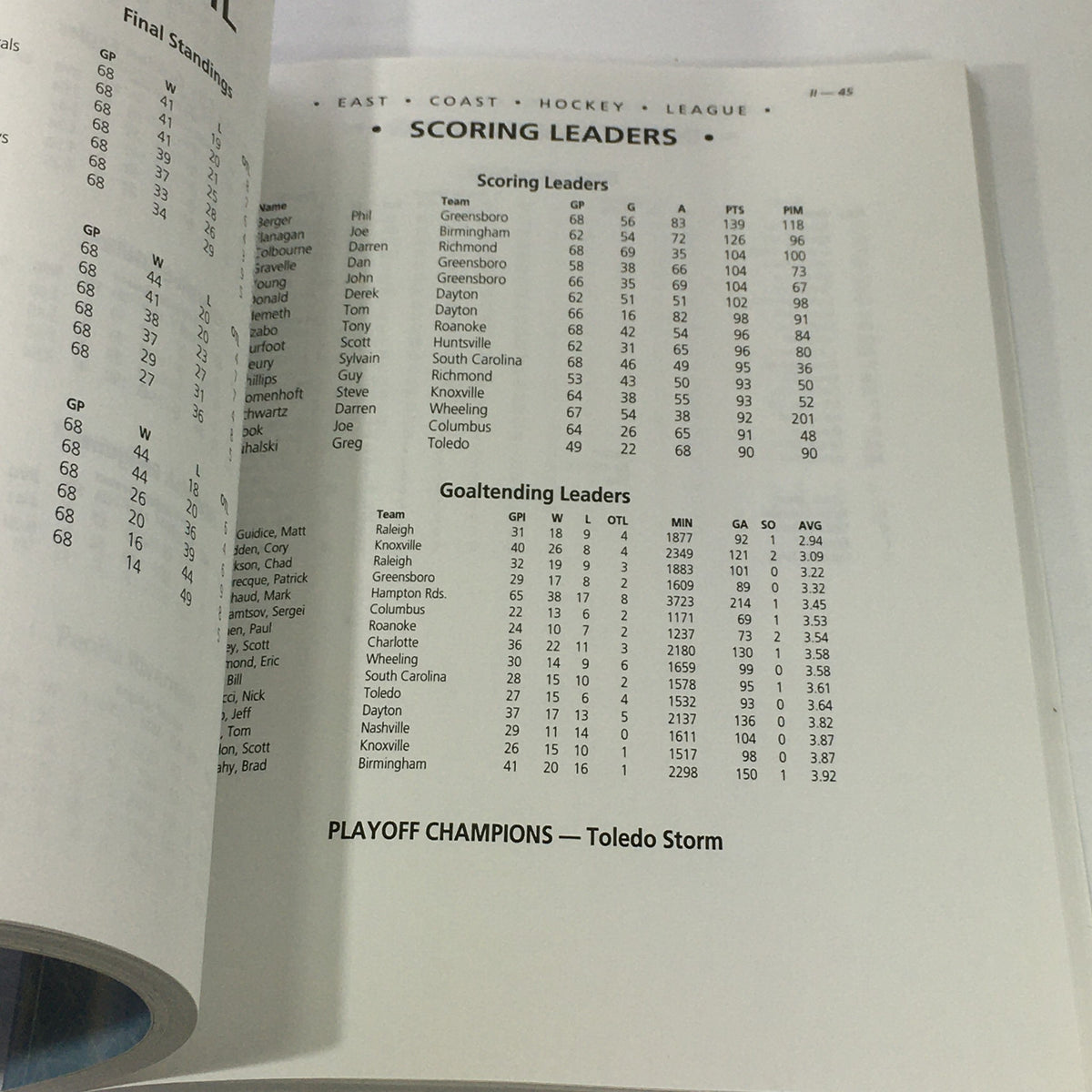 Scoring leaders page from VTG NHL Official Year In Review 1993-1994 highlighting statistics for notable players and teams.
