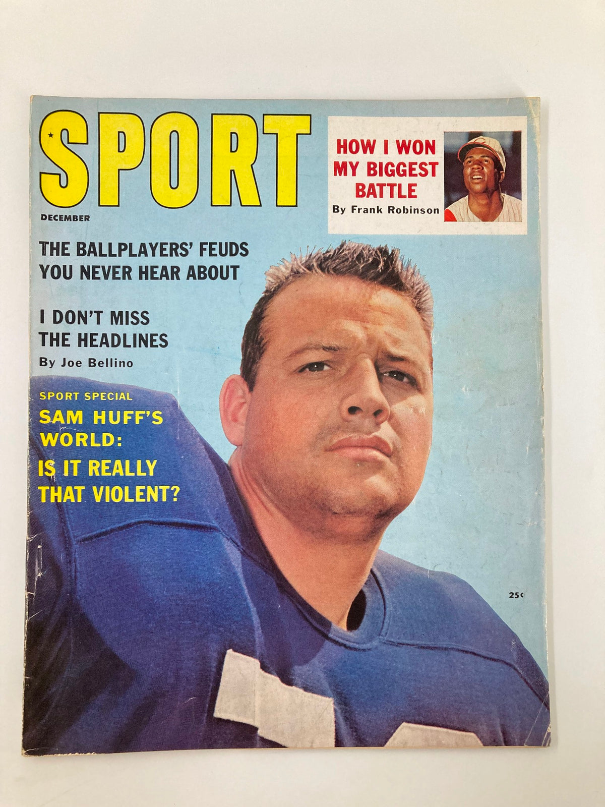VTG Sport Magazine December 1961 cover featuring a male athlete in a blue jersey, headline 'Sam Huff's World: Is It Really That Violent?', and a sidebar article by Frank Robinson.