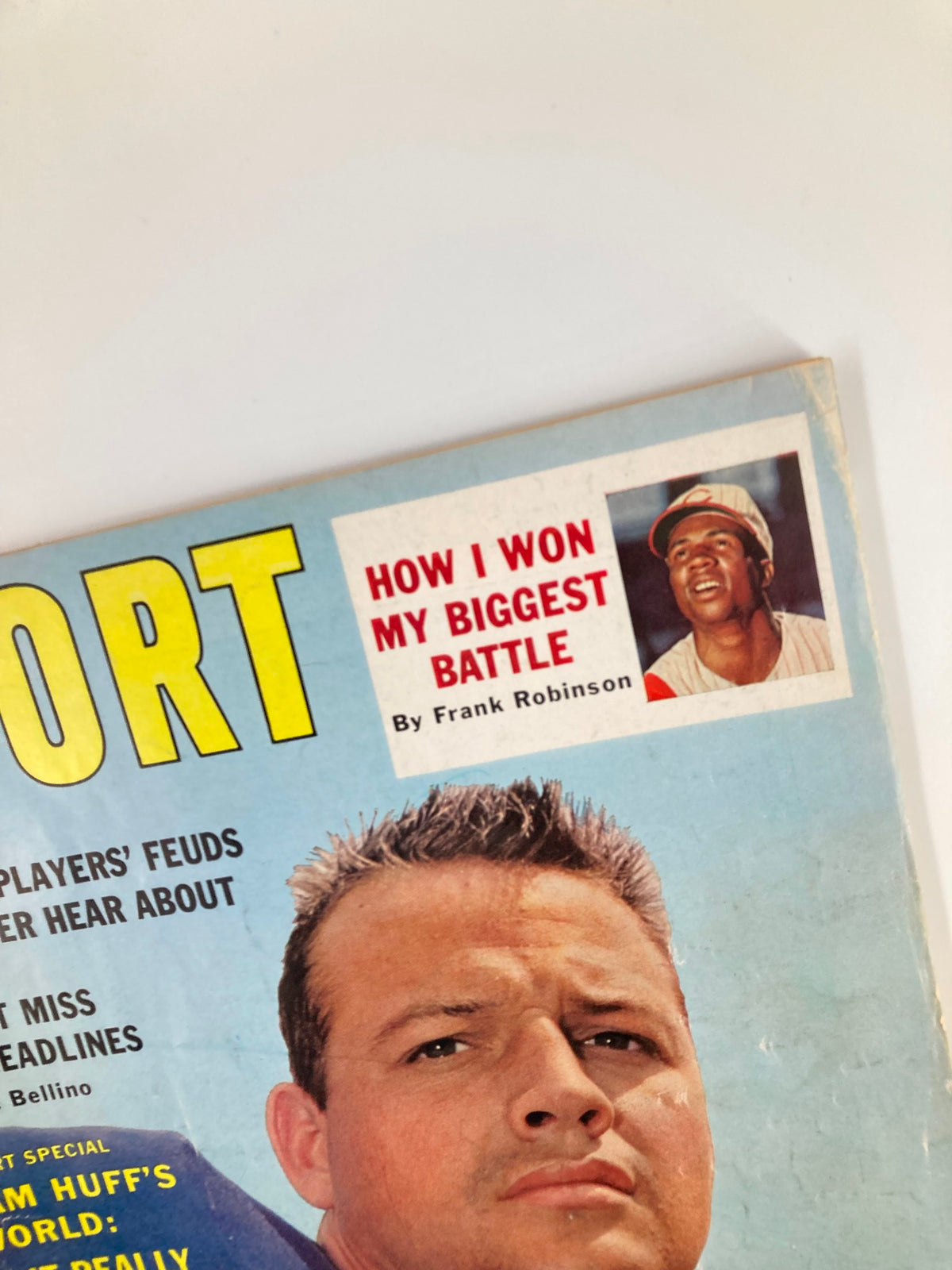 Close-up of the VTG Sport Magazine December 1961 cover, highlighting the article 'How I Won My Biggest Battle' by Frank Robinson alongside the main headline about Sam Huff.