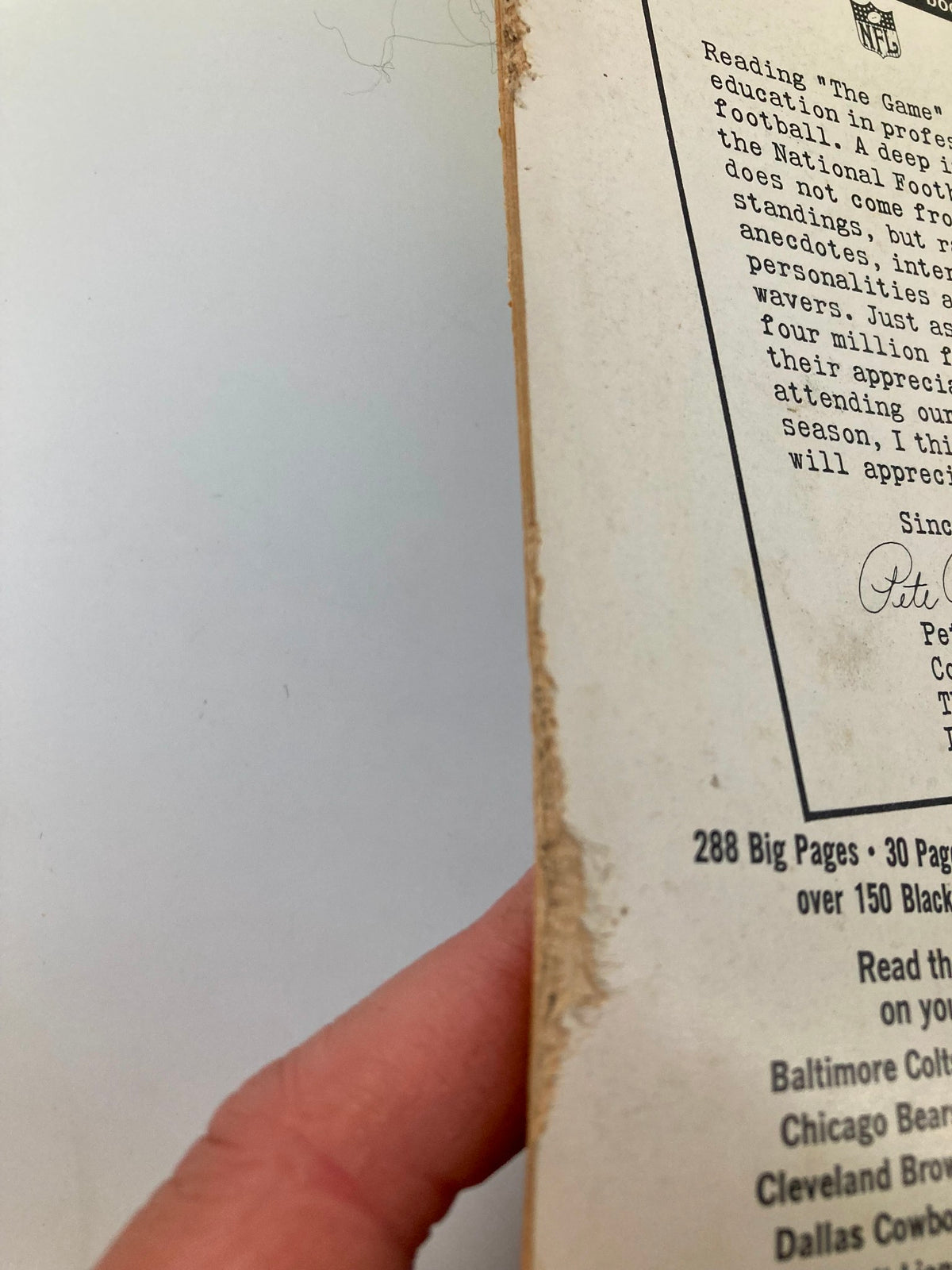 Side view of the VTG Pro Football 1963 Yearbook with visible wear, highlighting the vintage charm and condition of the collectible featuring Yelberton Abraham Tittle.
