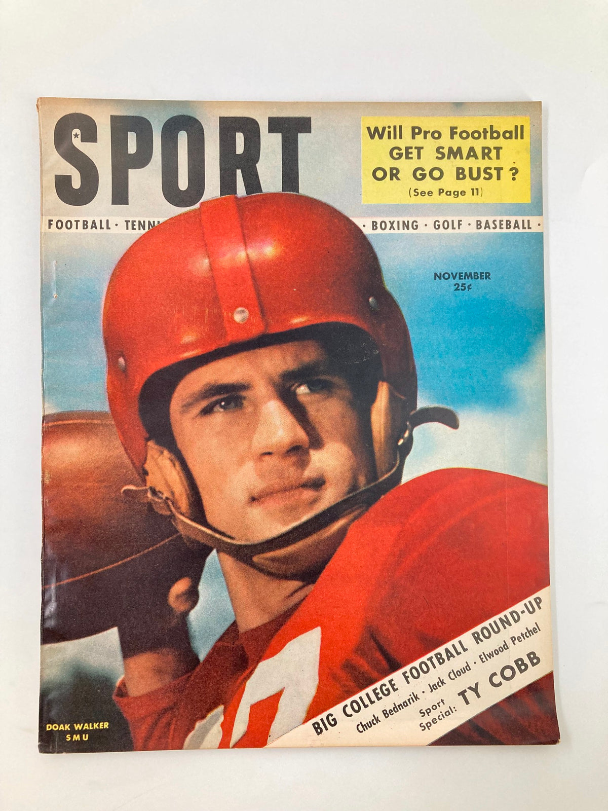 Cover of VTG Sport Magazine from November 1948 featuring Doak Walker in a football helmet, highlighting college football history.