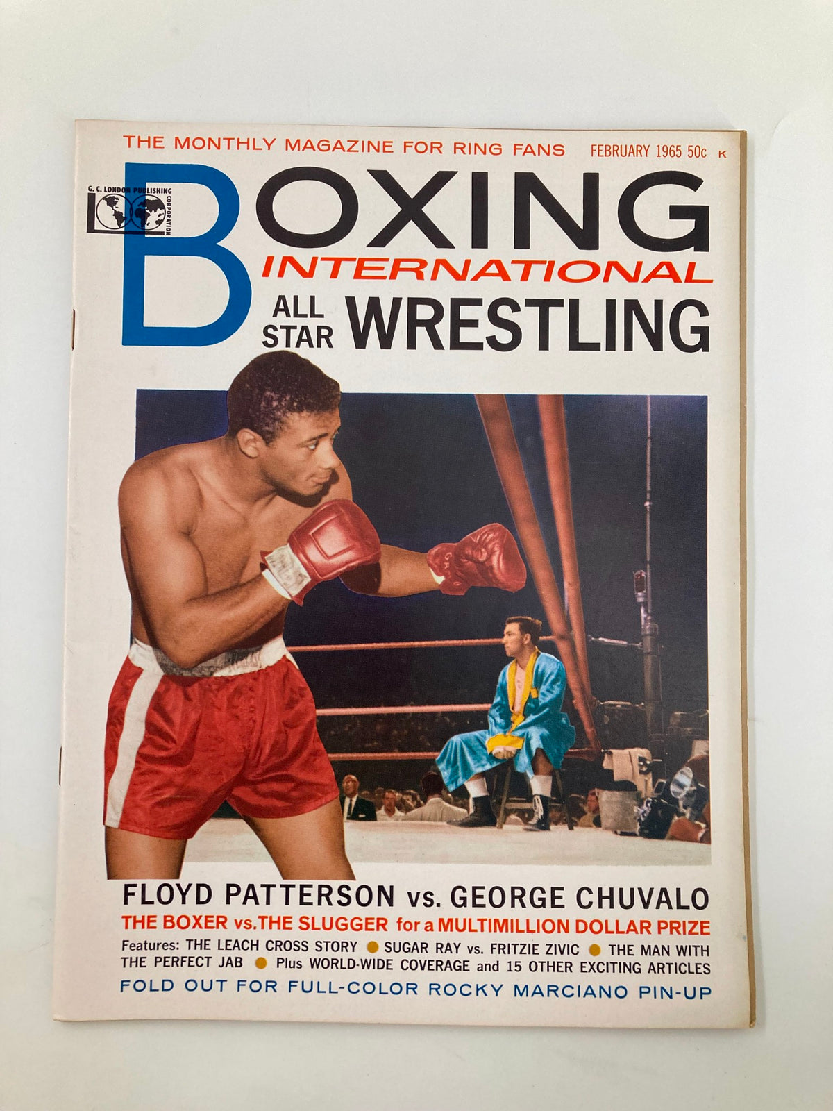 Cover of Boxing International All Star Wrestling February 1965 featuring the iconic match between Floyd Patterson and George Chuvalo. The magazine presents a vintage design, highlighting the boxing legends in action, perfect for collectors and fans.