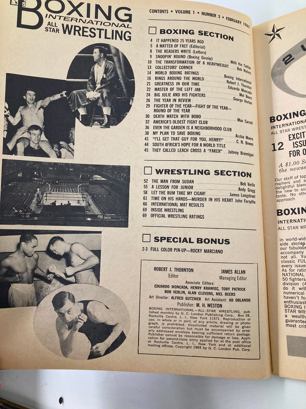 Interior page of Boxing International All Star Wrestling from February 1965 featuring contents and articles related to boxing and wrestling, highlighting Floyd Patterson.