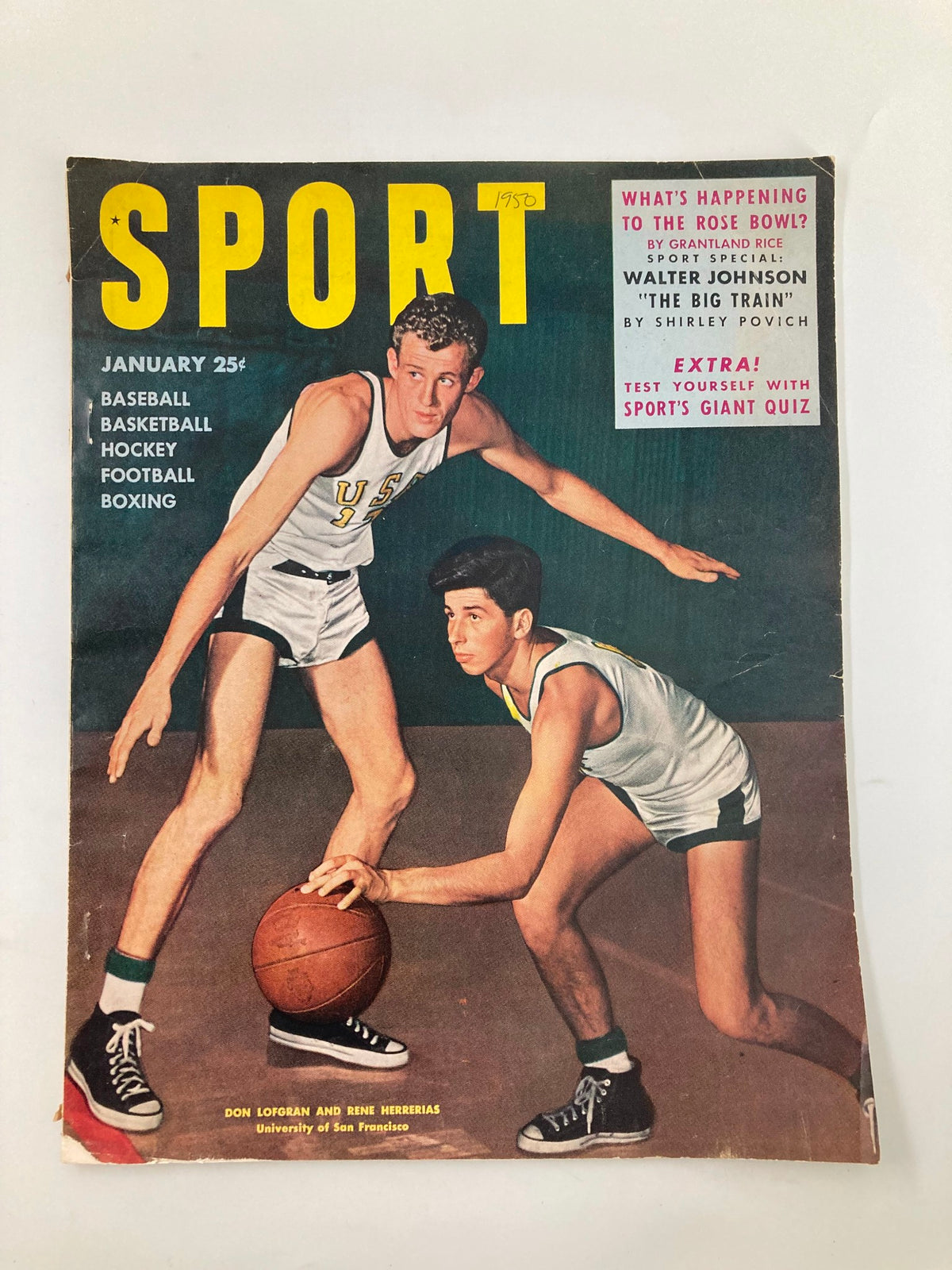 Cover of VTG Sport Magazine January 1950 featuring Don Lofgran and Rene Herrerias in basketball attire, showcasing sports culture of the 1950s.