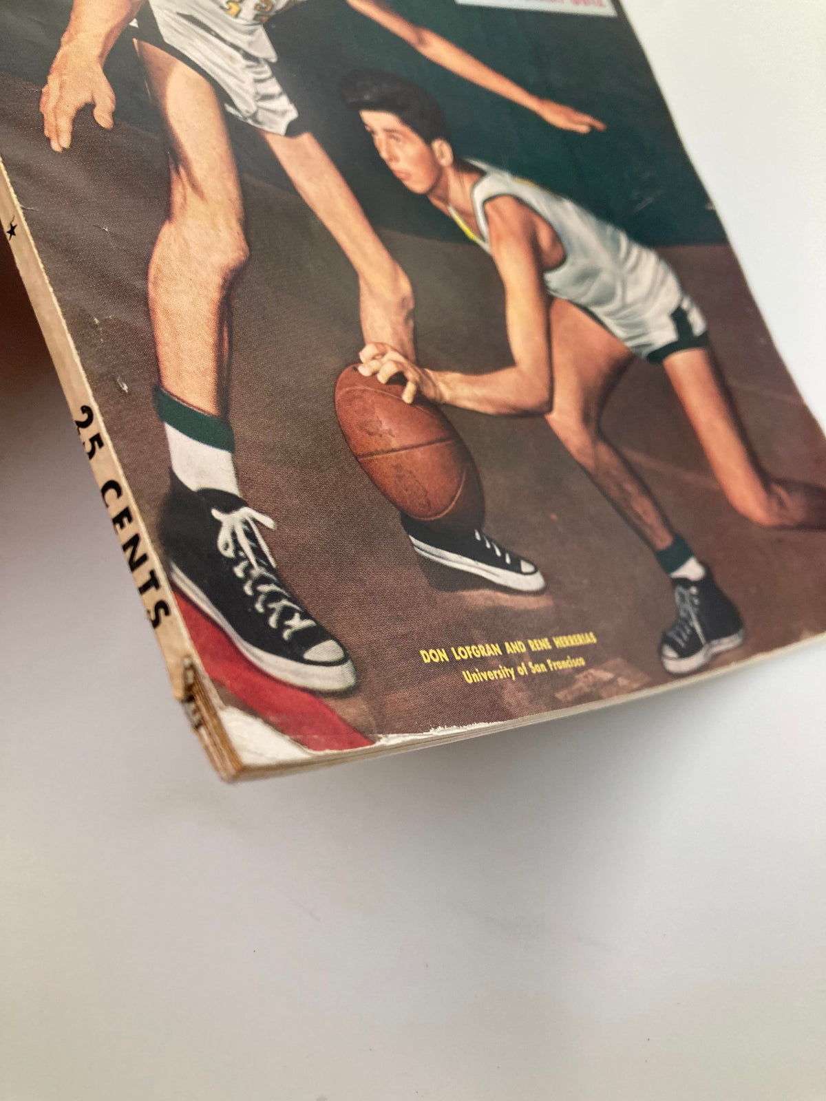 Close-up side angle of VTG Sport Magazine January 1950, focusing on the corner and detailing Don Lofgran and Rene Herrerias, capturing the essence of vintage sports magazines.