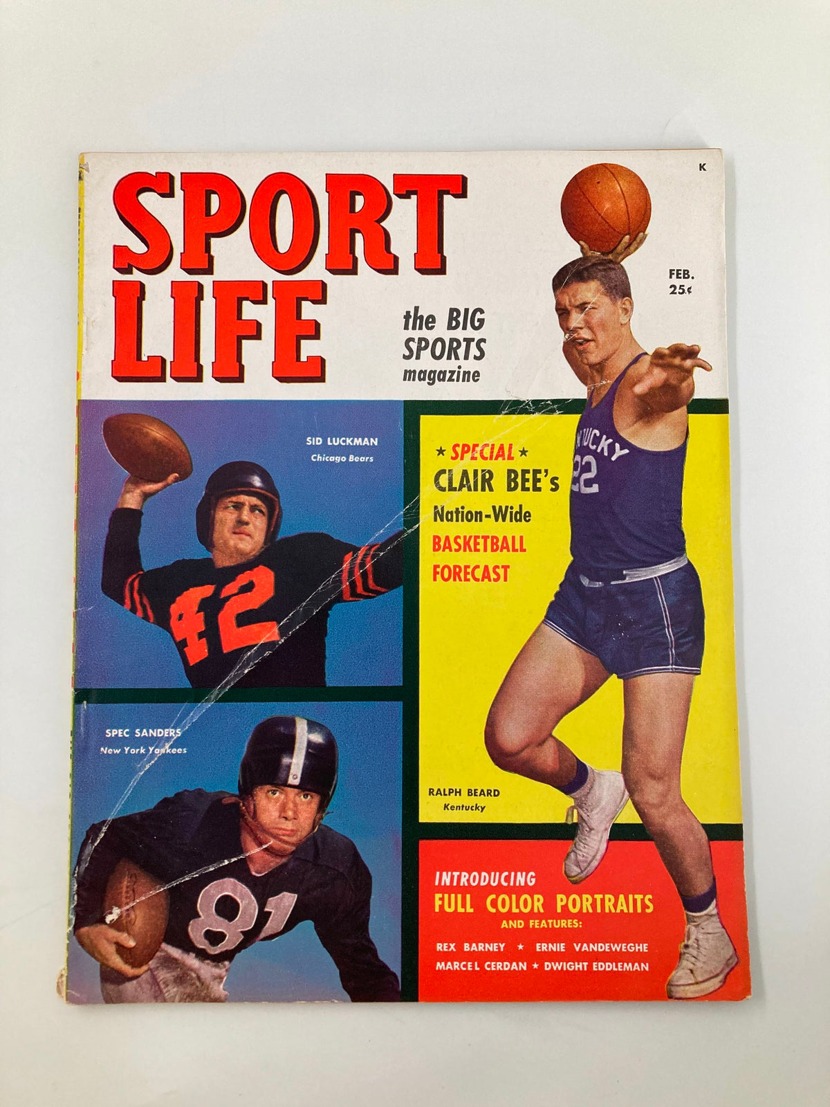 Front cover of VTG Sport Life Magazine February 1949 featuring Sid Luckman, Spec Sanders, Ralph Beard, and colorful graphics.