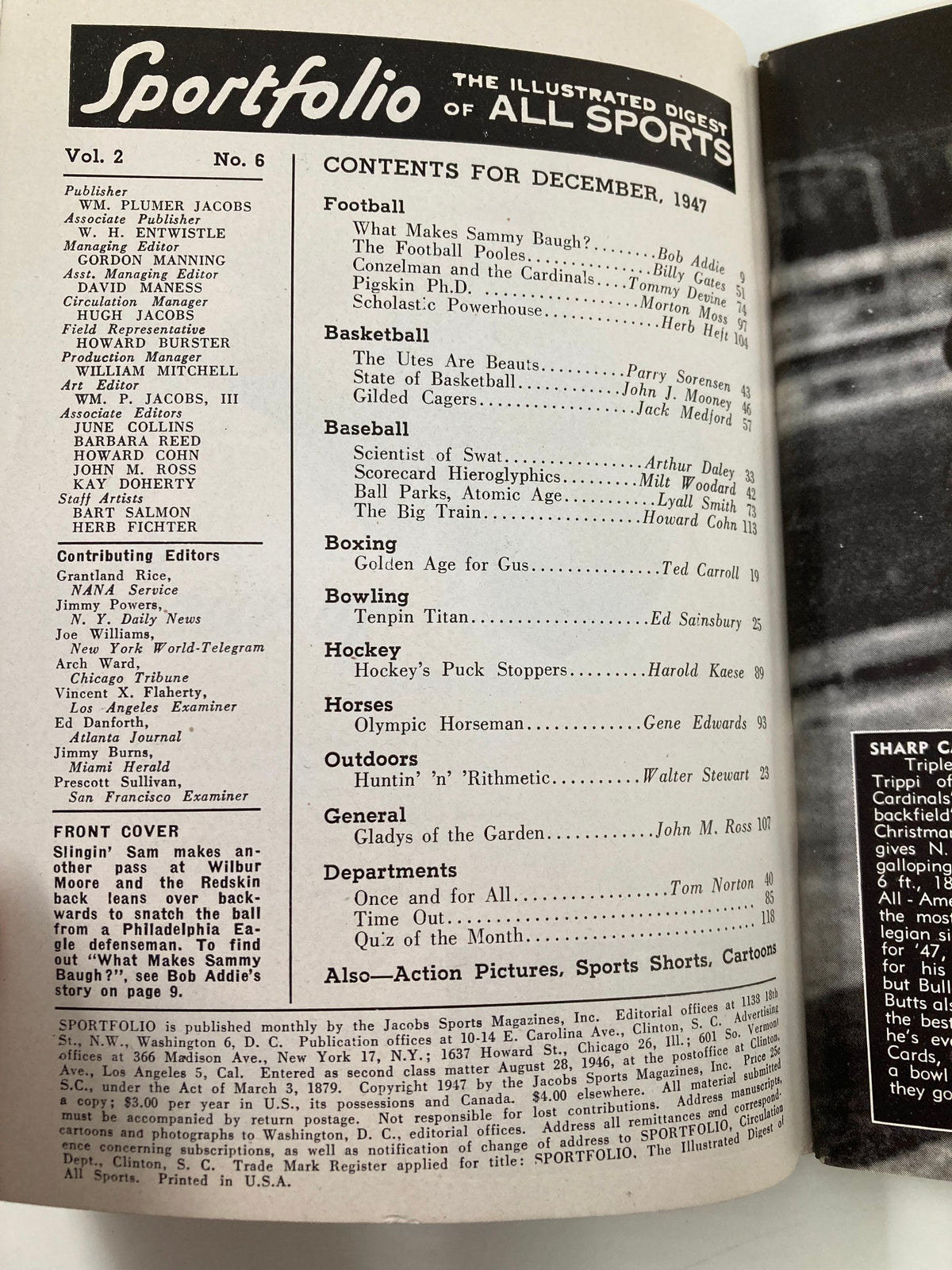 Vintage Sportfolio Magazine December 1947 Sammy Baugh, Doc DeGroot No Label