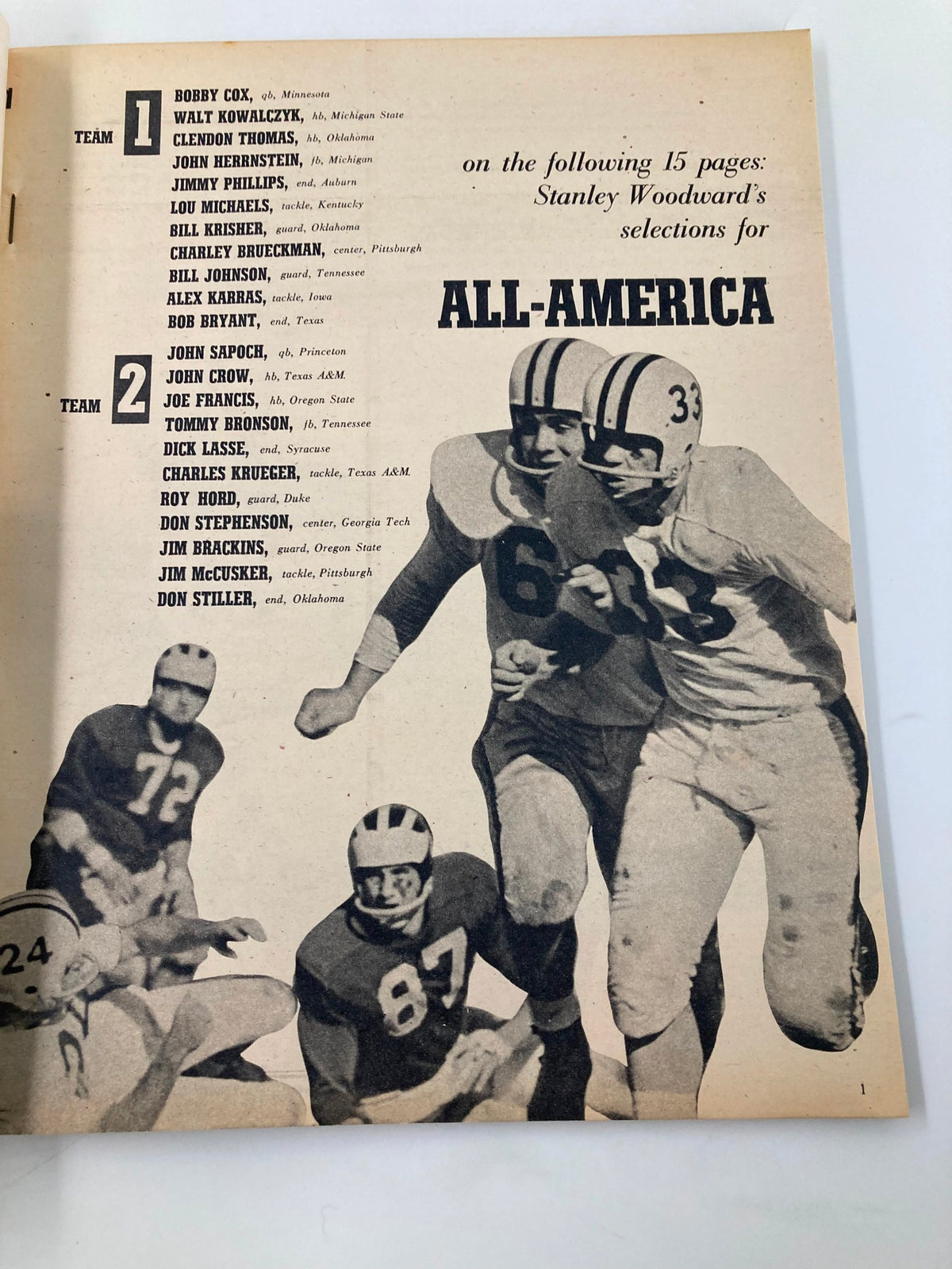Vintage Stanley Woodward's Football 1957 Bobby Cox Minnesota Quarterback, featuring the All-America selections, showcasing athletes and football history.