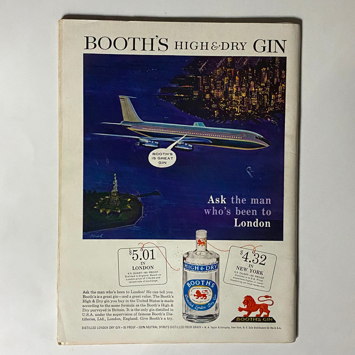 Back cover advertisement of the VTG Playboy Magazine July 1961 featuring Booth's High & Dry Gin with an airplane and skyline illustration.