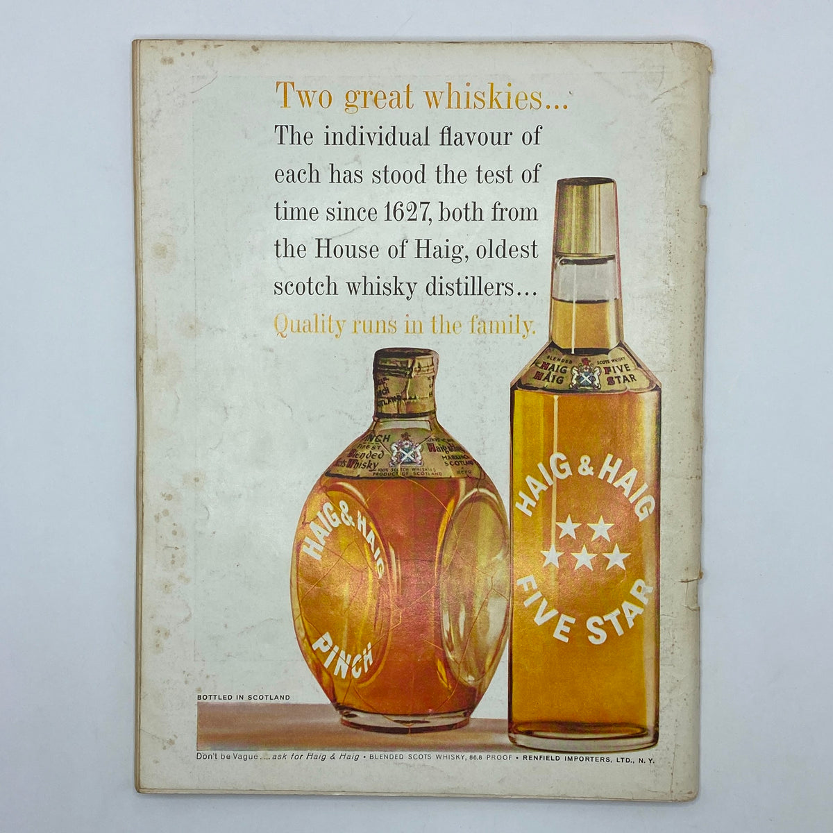 Back cover of VTG Playboy Magazine September 1961, featuring an advertisement for Haig & Haig whisky, promoting quality distilling.