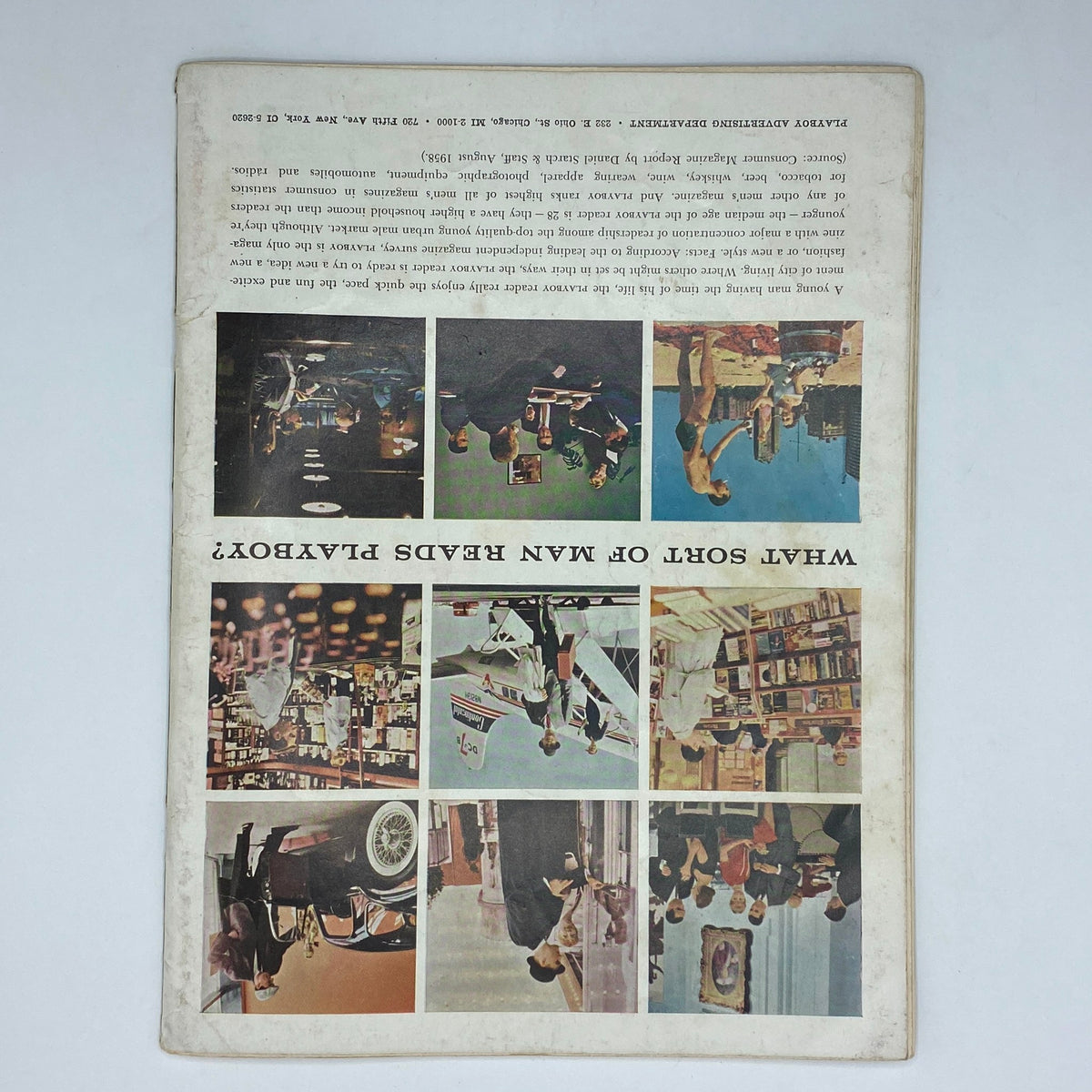 Back cover of VTG Playboy Magazine January 1959 featuring a collage of images and the tagline 'What Sort of Man Reads Playboy?'