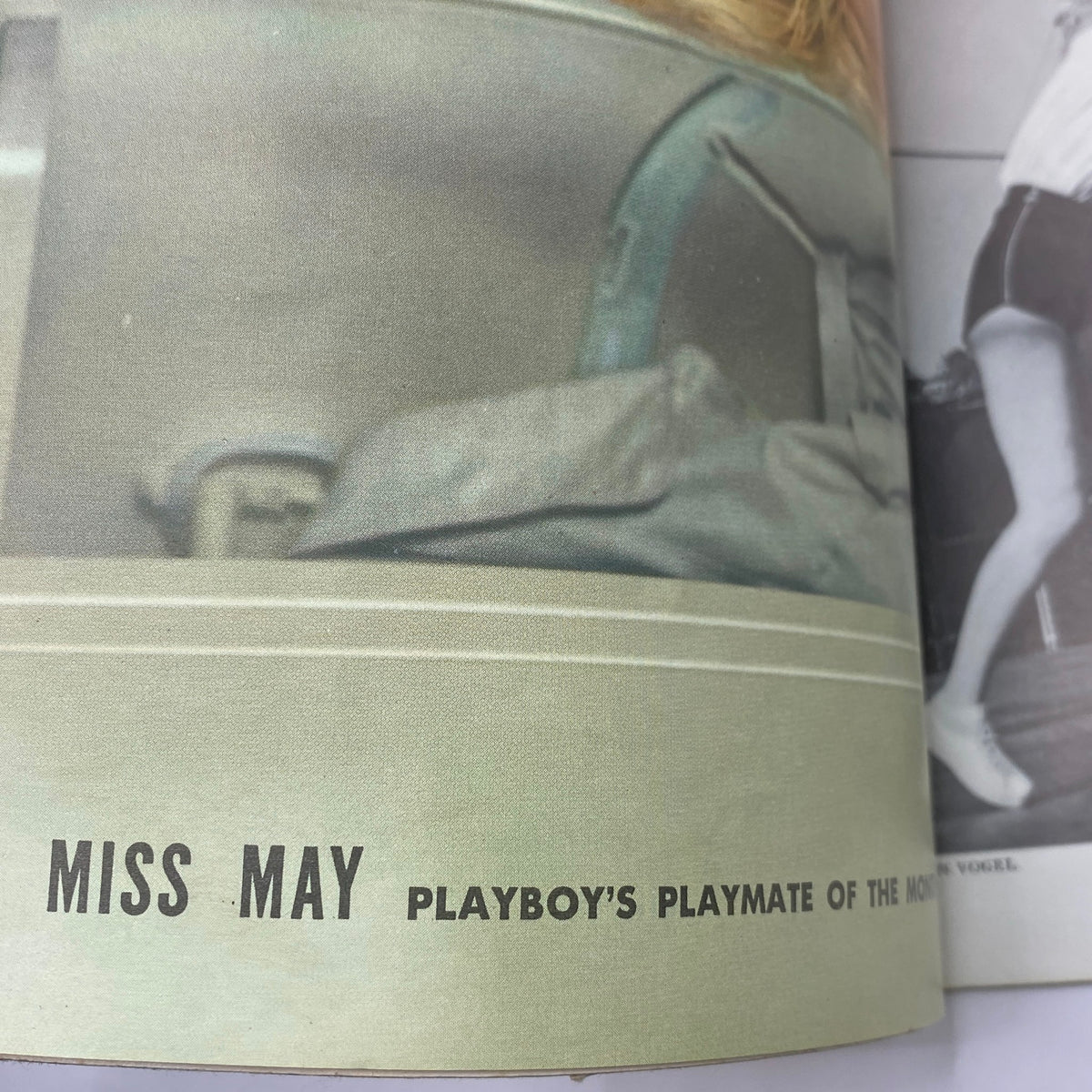 Interior page from VTG Playboy Magazine May 1958 featuring the words 'MISS MAY PLAYBOY'S PLAYMATE OF THE MONTH' highlighting the Playmate Lari Laine.