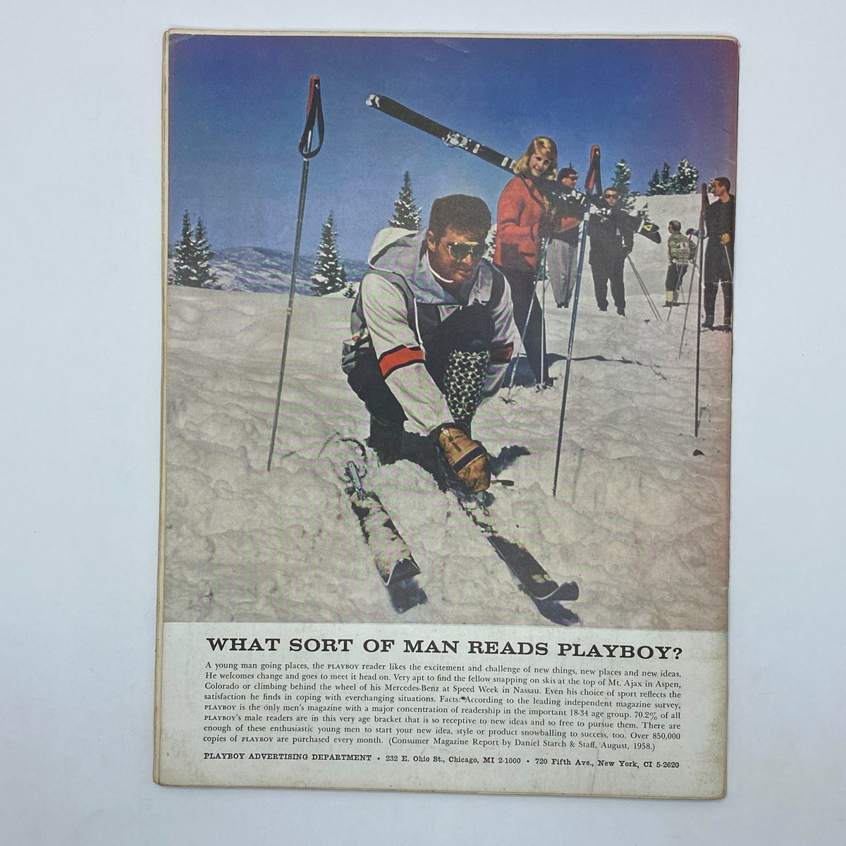VTG Playboy Magazine February 1959 back cover showcasing an advertisement with a man skiing and a group in the snowy landscape.