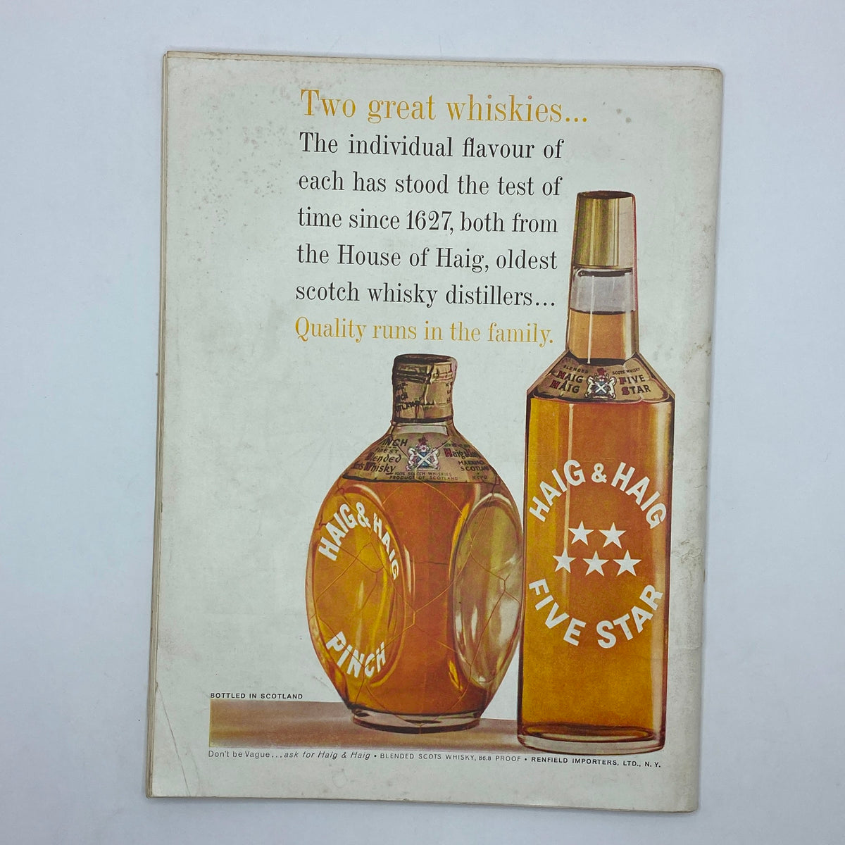 Back cover advertisement of two whiskies from Haig & Haig featured in VTG Playboy Magazine June 1961.