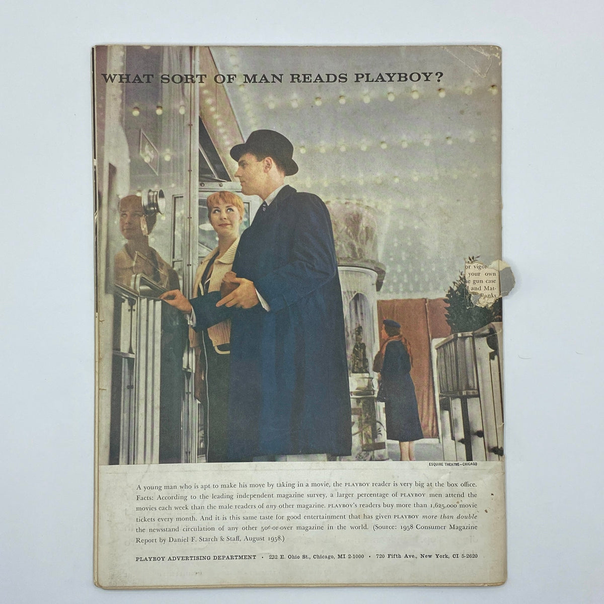 Back cover of the October 1958 Playboy Magazine, featuring an advertisement and the question 'What sort of man reads Playboy?'. VTG Playboy Magazine October 1958 Playmate Mara Corday w Centerfold No Label.