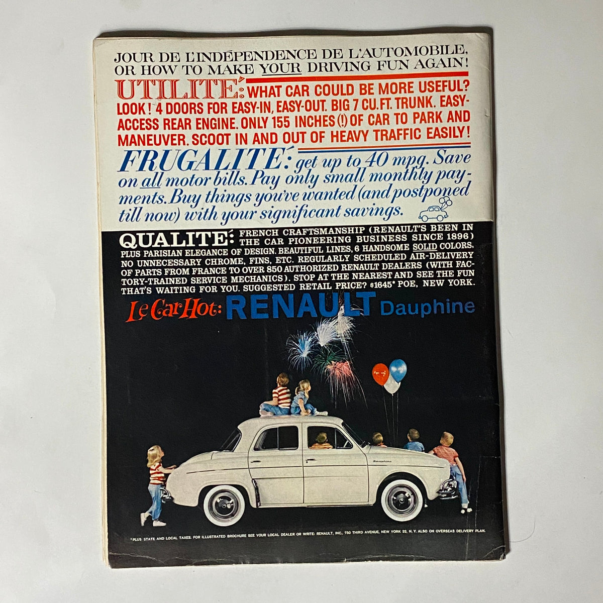 Back cover of VTG Playboy Magazine August 1959 advertising the Renault Dauphine car, featuring colorful design elements.