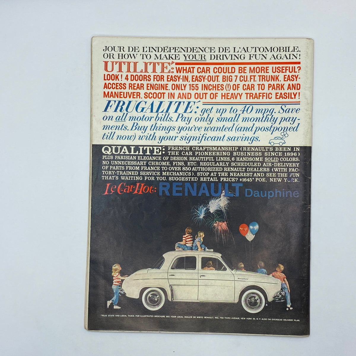 Back cover of VTG Playboy Magazine August 1959 featuring an advertisement for Renault Dauphine, showcasing vintage advertising design.