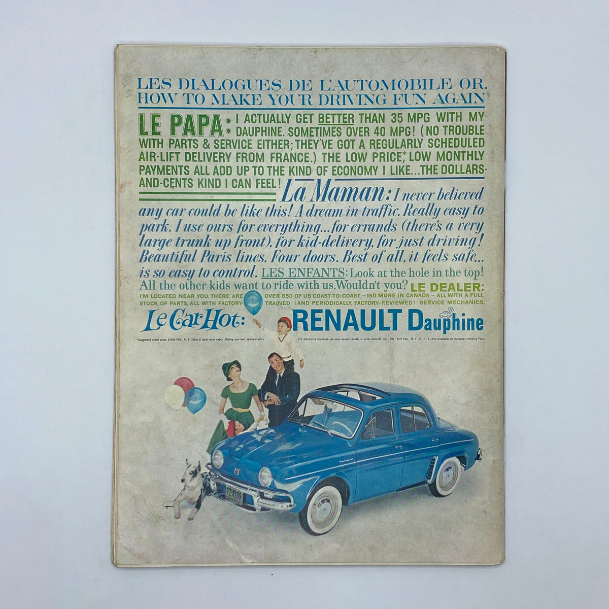 Back cover of VTG Playboy Magazine September 1959 featuring an advertisement for the Renault Dauphine, illustrating vintage automobile culture.