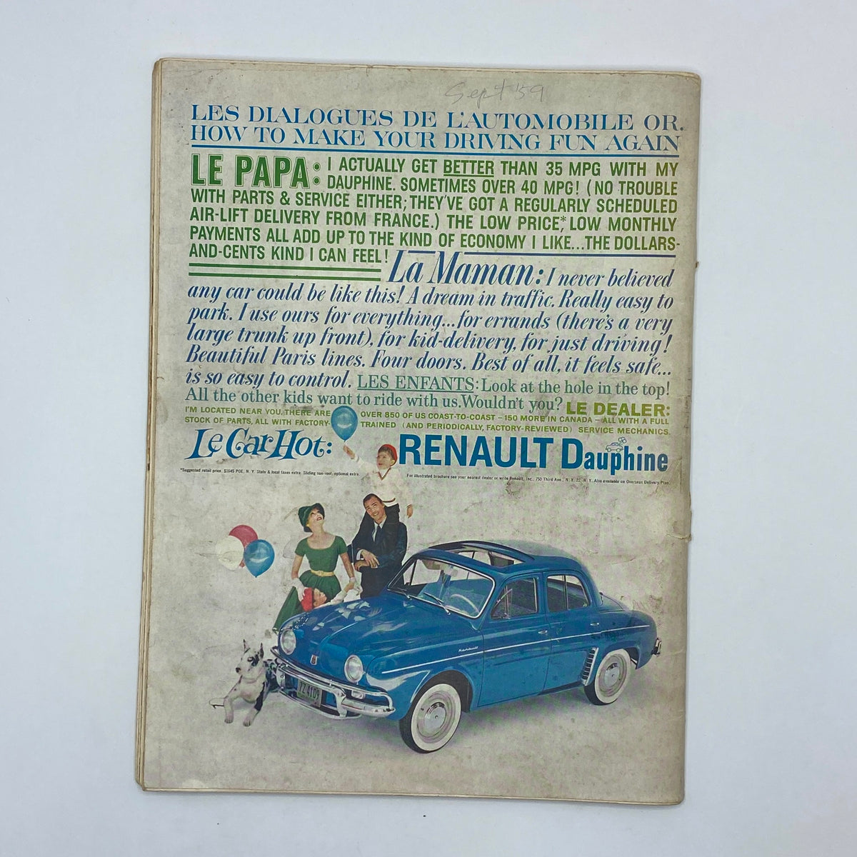 Back cover of VTG Playboy Magazine September 1959, featuring an advertisement for Renault Dauphine with colorful illustrations and comedic dialogue.