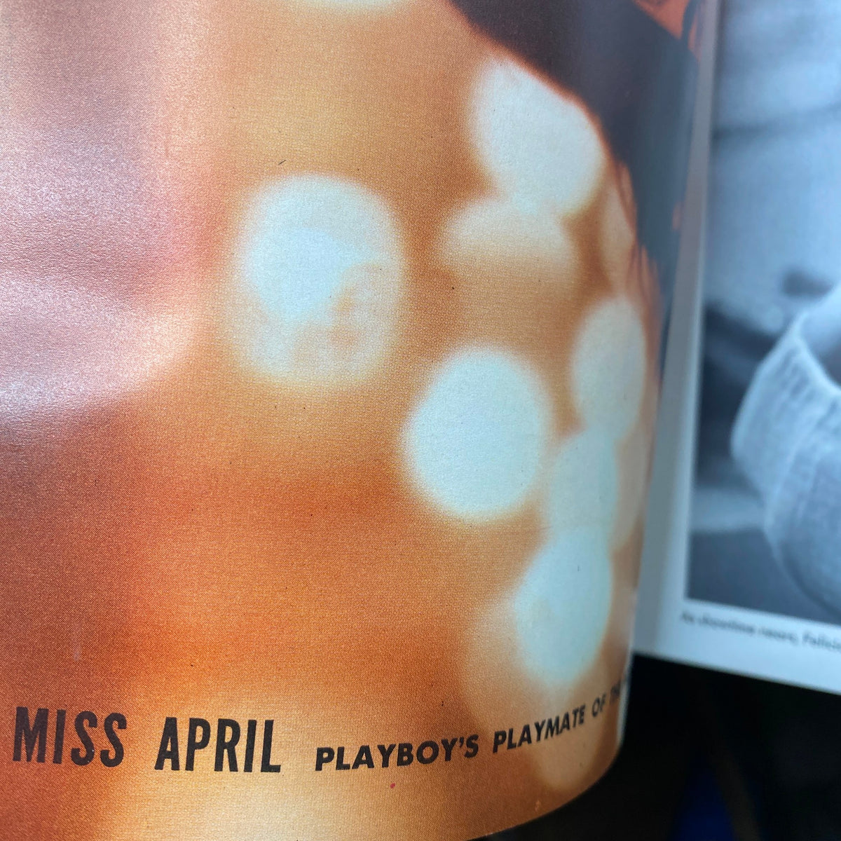 Interior detail of VTG Playboy Magazine April 1958 displaying the text 'Miss April Playboy's Playmate of the Month' emphasizing Felicia Atkins' feature.