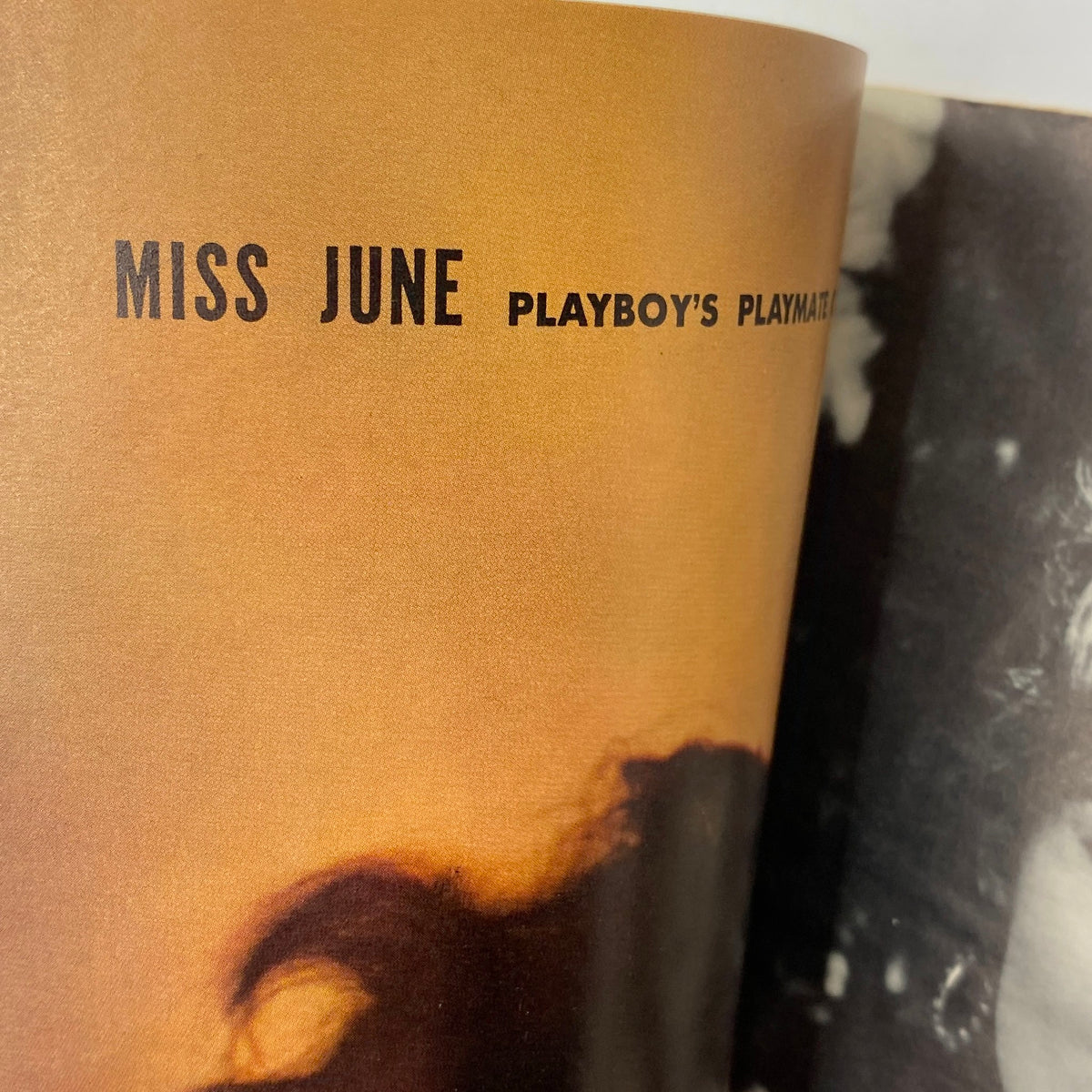 VTG Playboy Magazine June 1959 interior featuring 'Miss June Playboy's Playmate' printed on textured golden background, showcasing vintage design with elegant typography.