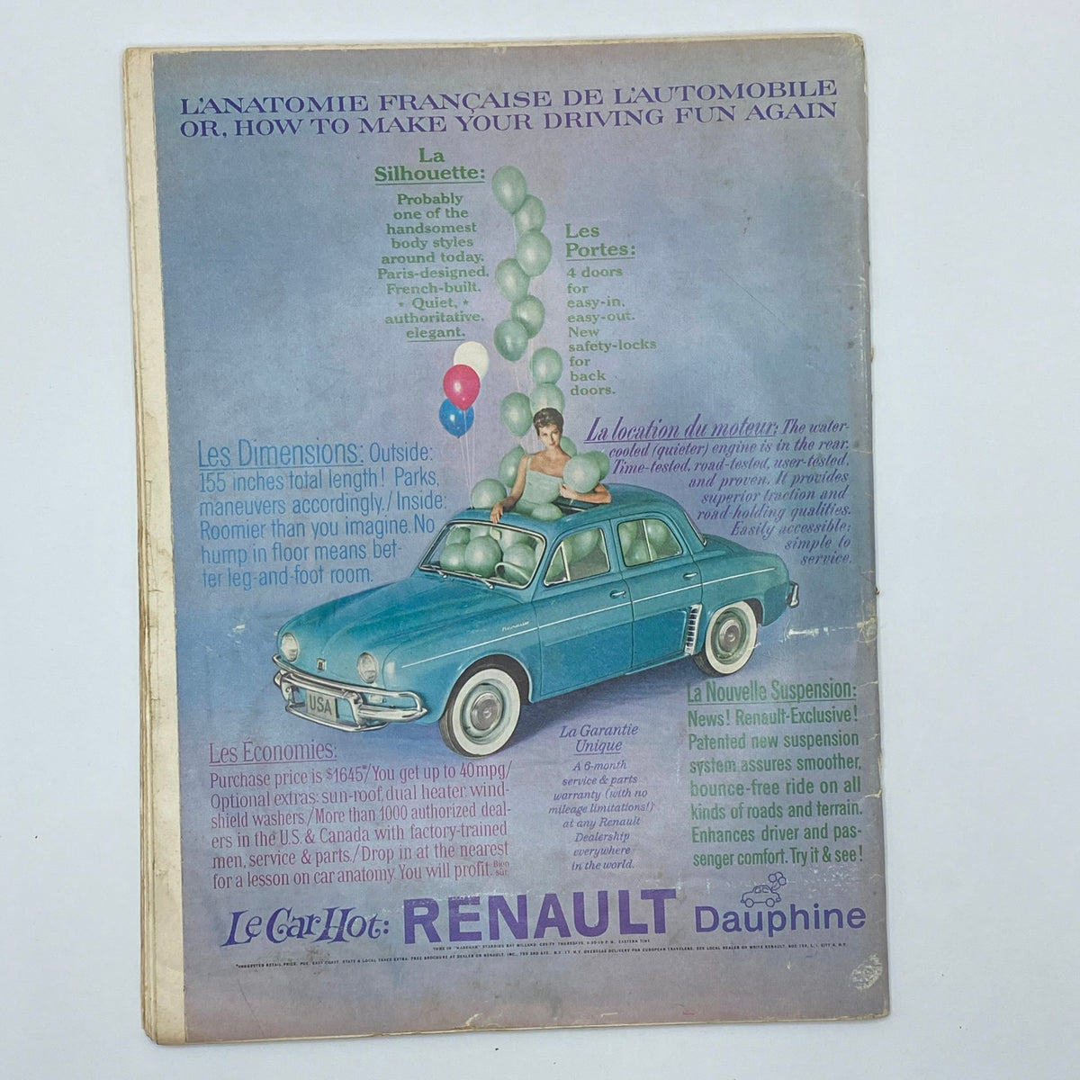 Back cover of the vintage Playboy Magazine from July 1960, featuring an advertisement for Renault Dauphine with colorful balloons and illustrated car details.
