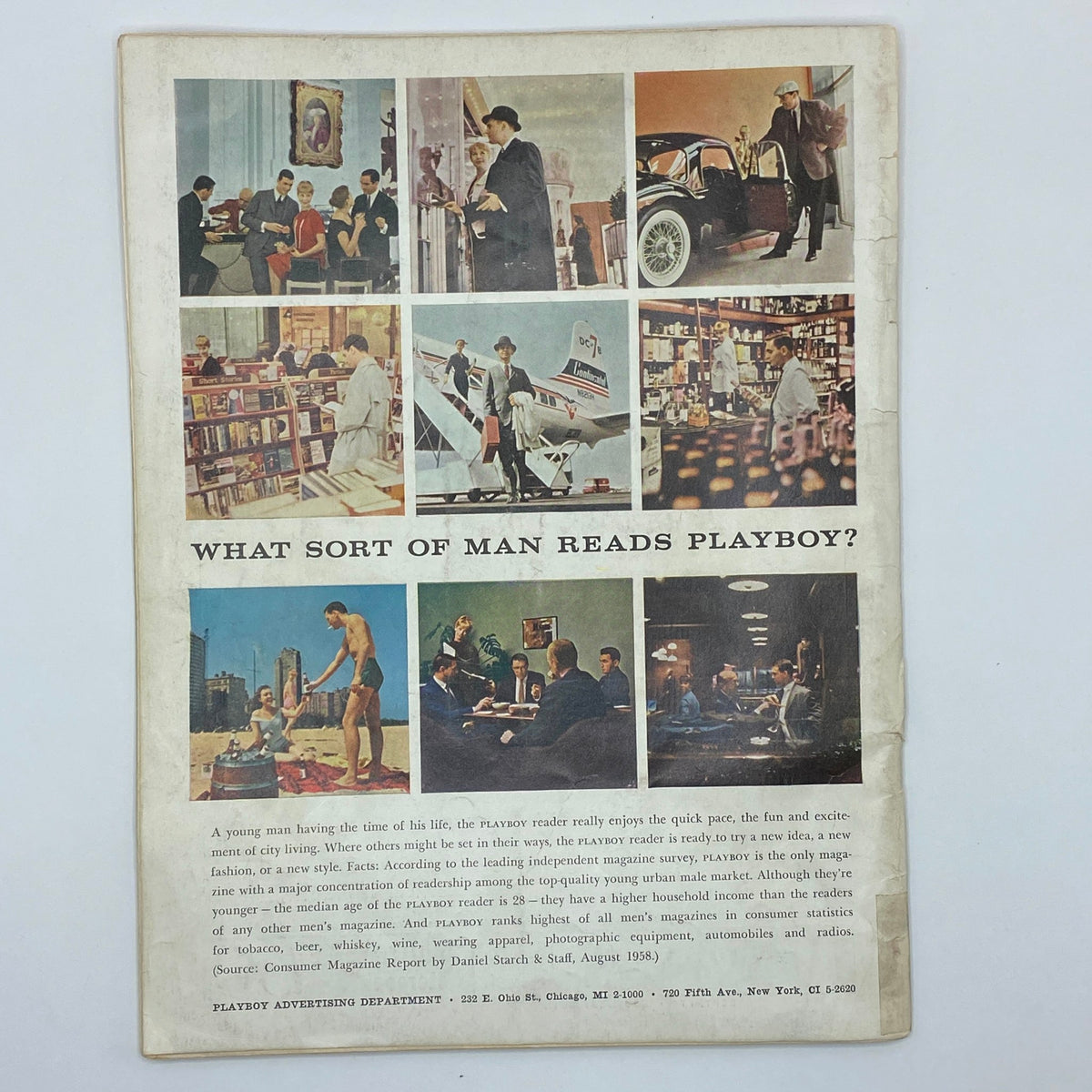 VTG Playboy Magazine January 1959 back cover with a collage of images highlighting the lifestyle and culture of the magazine's readership.