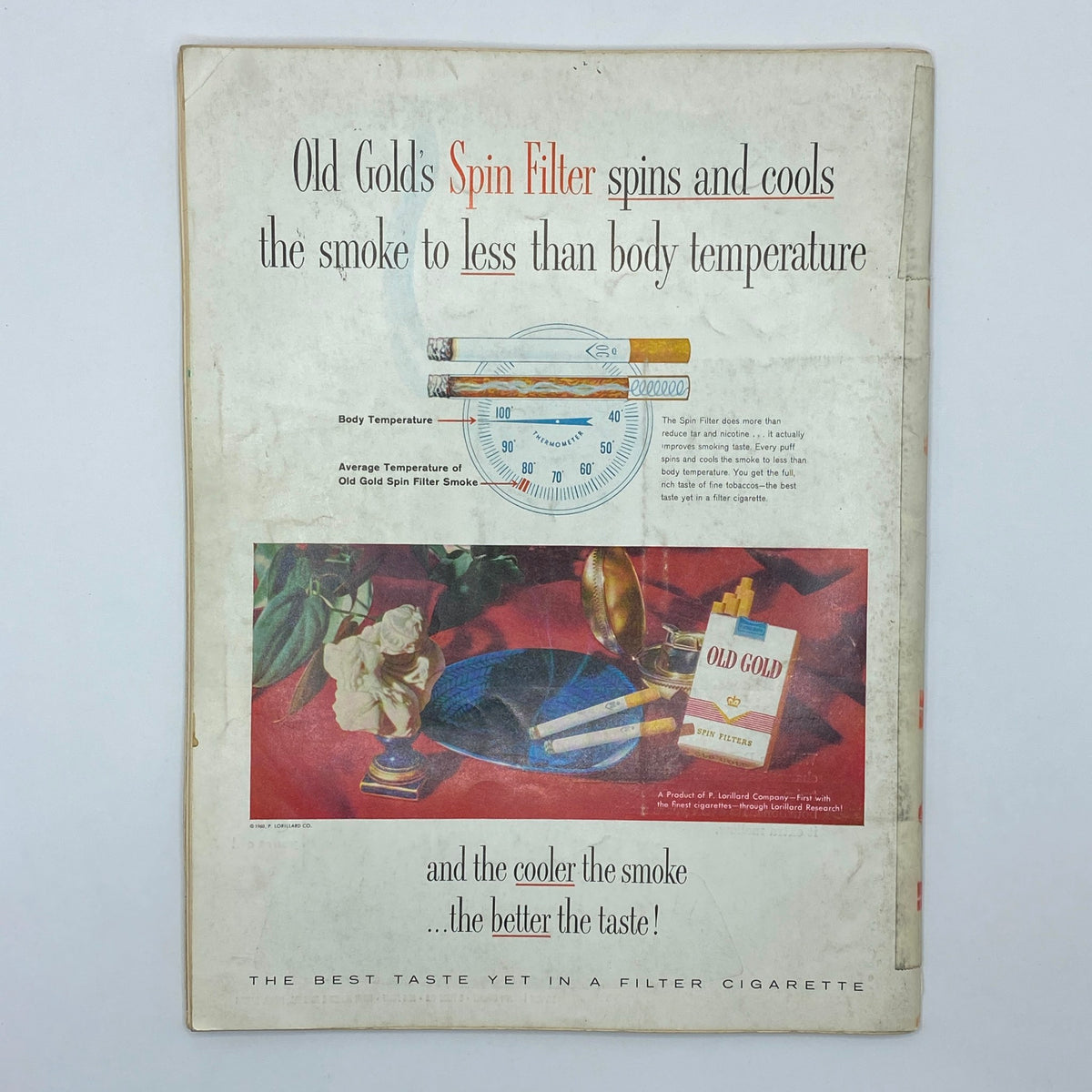 Vintage advertisement page from Playboy Magazine February 1960 featuring Old Gold's Spin Filter cigarette with temperature gauge, showcasing retro branding and artistic design.