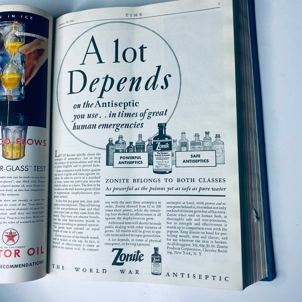 Time Magazine Library Bound January 4-March 28, 1932 - page displaying an advertisement for Zonite antiseptic, emphasizing health products from the early 1930s.