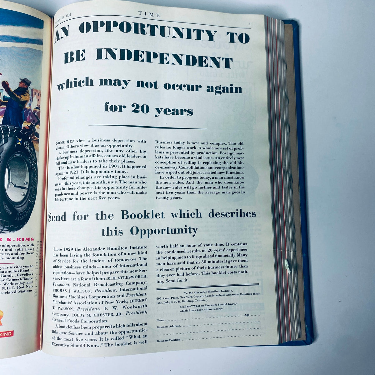 An advertisement promoting a business opportunity titled 'An Opportunity to be Independent', from Time Magazine, included in the Time Magazine Library Bound January 4-March 28, 1932 FDR Gabby Street.